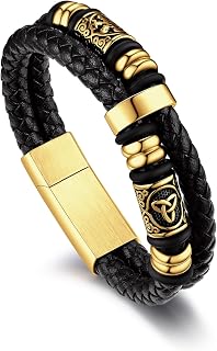 Men's Black Double Wax Rope Bracelet Waterproof Stainless Steel Norse Style Celtic Knot Beads Wristband 7-9 Inch Gift for Men Father Husband Son Grandson