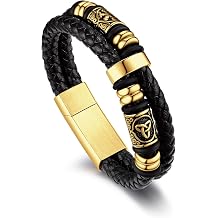 Men's Black Double Wax Rope Bracelet Waterproof Stainless Steel Norse Style Celtic Knot Beads Wristband 7-9 Inch Gift for Men Father Husband Son Grandson