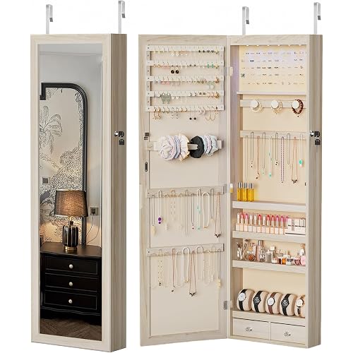 DUMOS Jewelry Armoire Cabinet with Full Length Mirror, 47.2" Tall Wall Mounted or Over the Door Jewelry Organizer with 33 Necklace Hooks, Lockable Large Capacity Jewelry Armoire with Drawers, Khaki