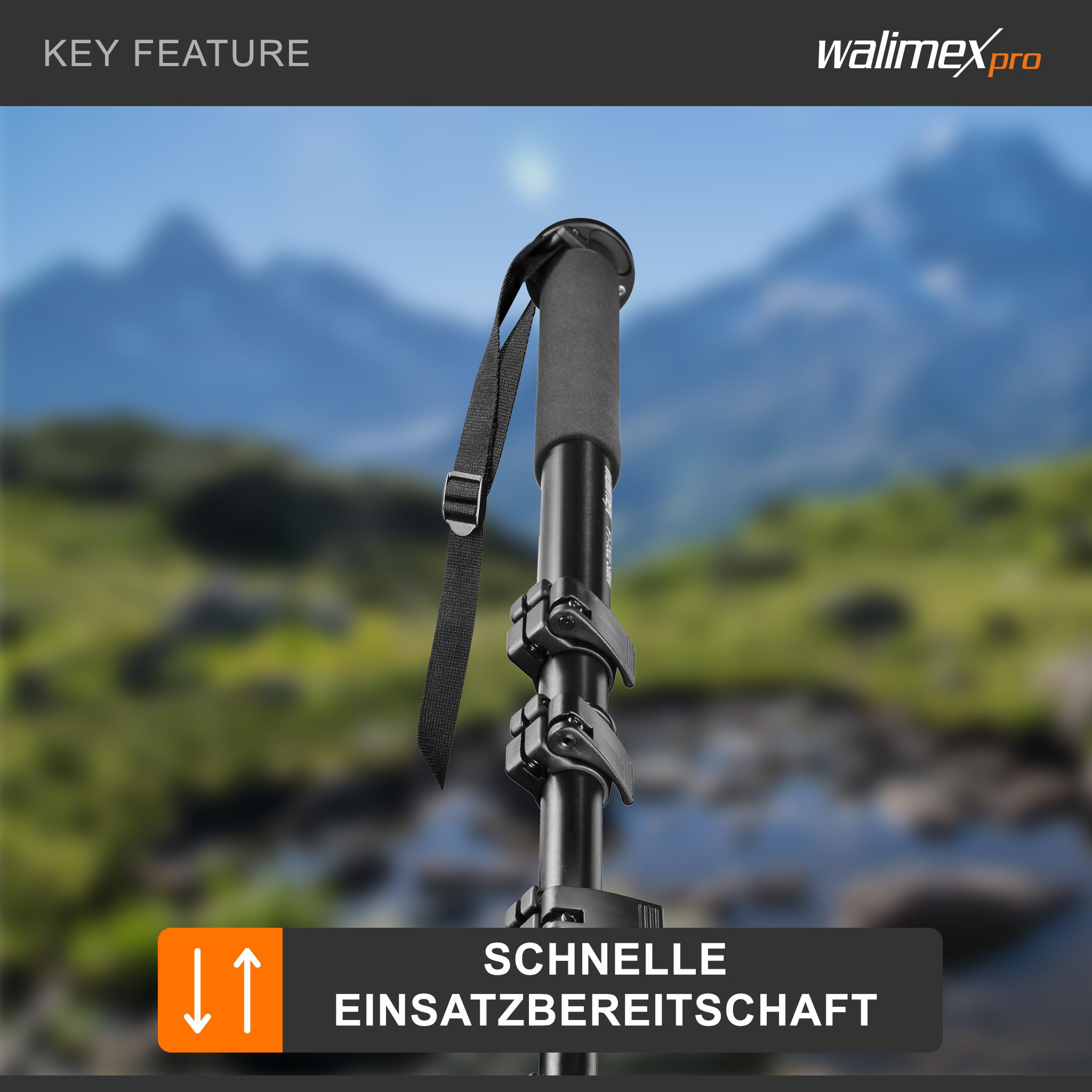 Walimex FT-1502 Pro Einbeinstativ 177 cm, robustes Fotostativ aus Aluminium, Kamerastativ mit 10 kg Traglast, Stativ für DSLR, DSLM und Kompaktkameras, inkl. Transporttasche