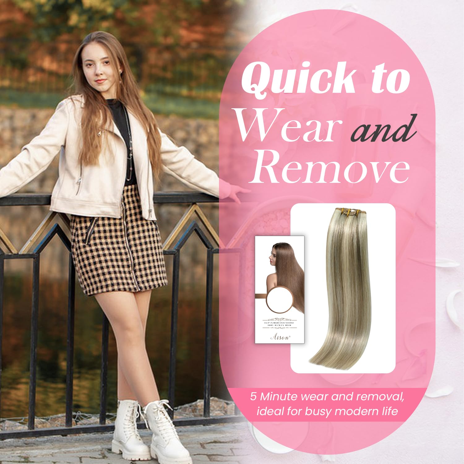 Aison Clip-in Hair Extensions, 20 Inch Ash Blonde Mixed Bleach Blonde, Real Human Hair Double Weft 70g 7pcs #18p613