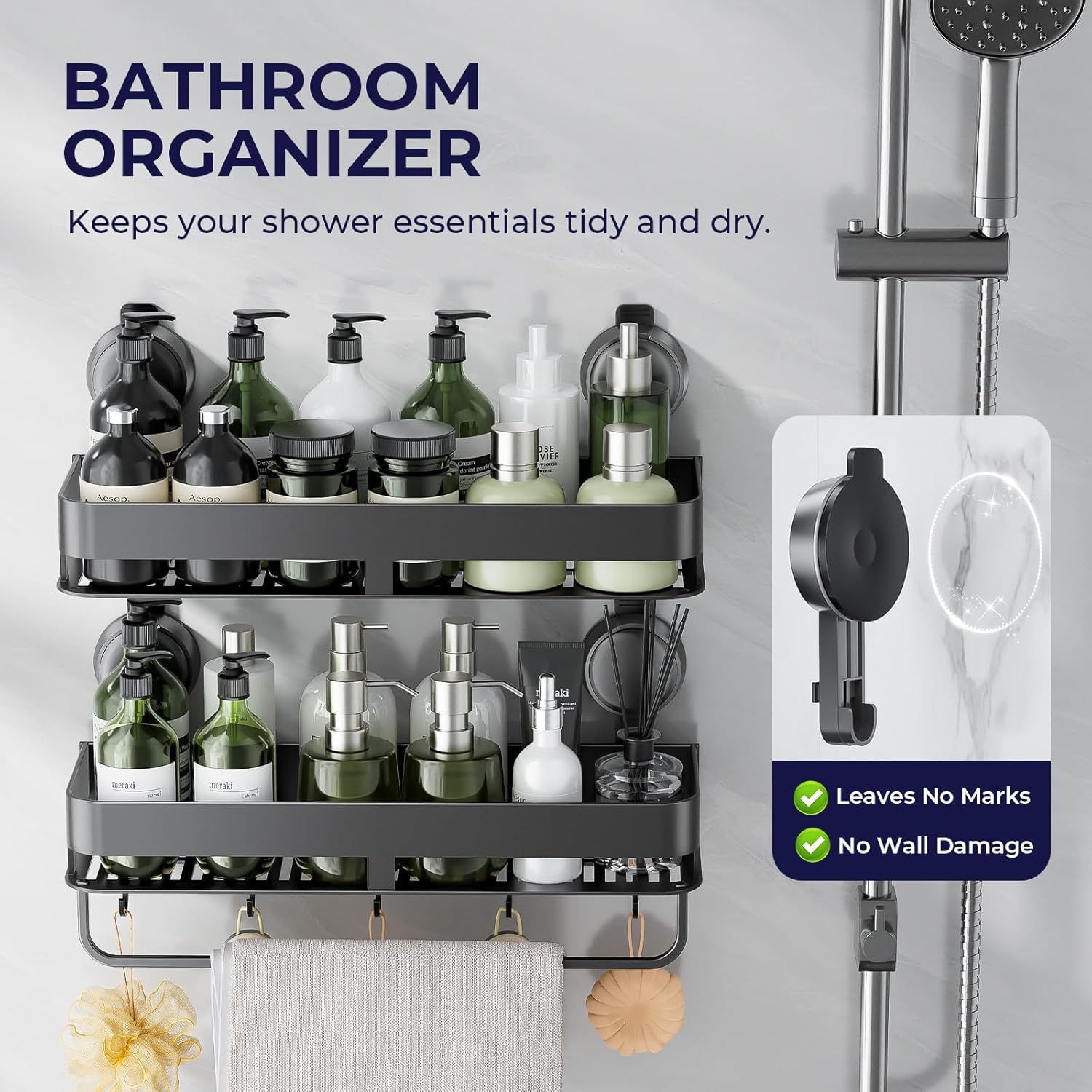 ONXE Shower Caddy Suction Cup,2 Pack Extra-Strong Suction Shower Shelves,No Drilling Rustproof Organizer for Bathroom,Kitchen,Home Decor,Reusable Bathroom Storage with Large Capacity(15.7 inch)