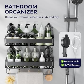 Shower Caddy Suction Cup,2 Pack Extra-strong Suction Shower Shelves,No Drilling Rustproof Organizer for Bathroom,Kitchen,Home Decor,Reusable Bathroom Storage with Large Capacity(11.8 inch)