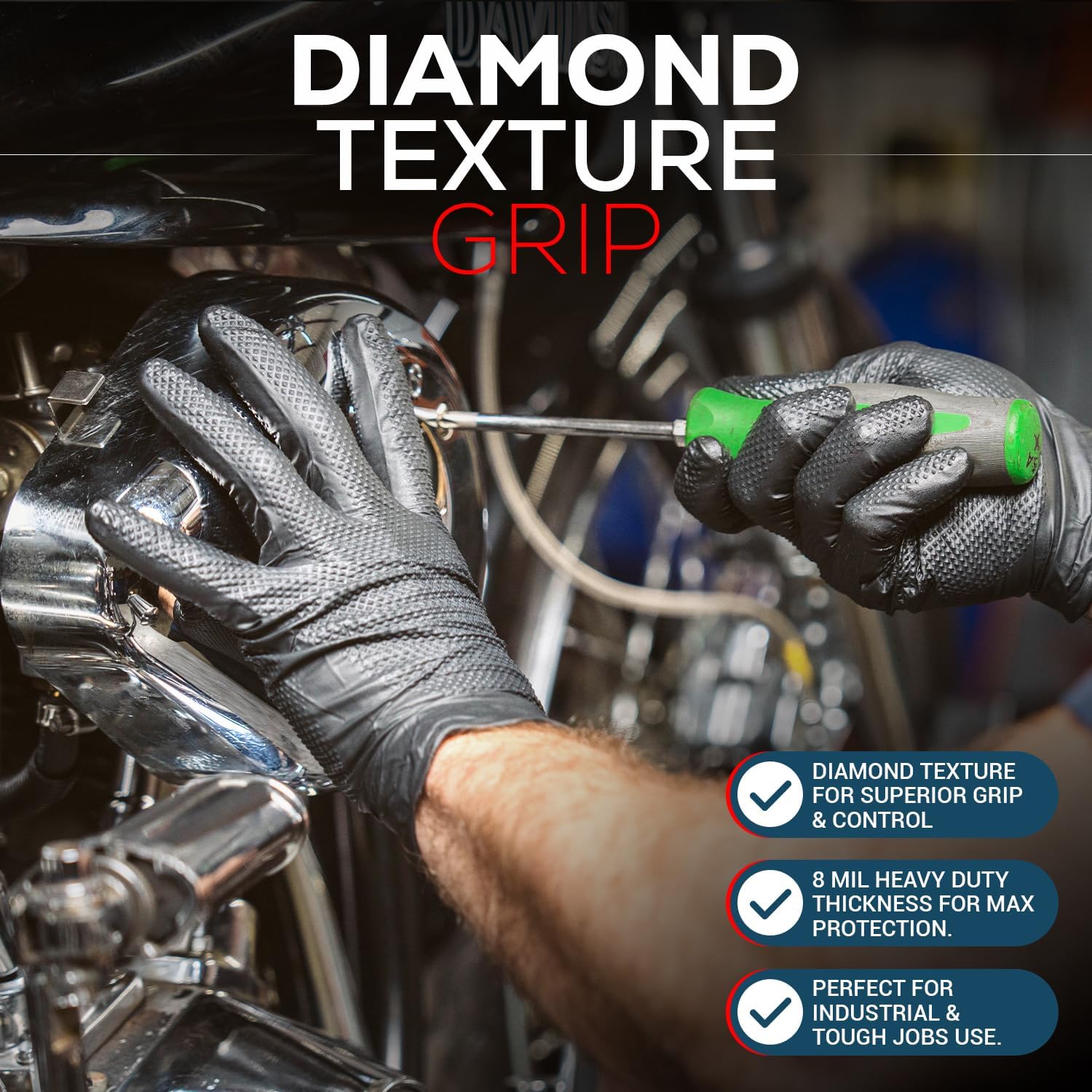 First Glove 8 Mil Heavy Duty Black Nitrile Gloves - Raised Diamond Textured Grip - Gloves for Mechanic, Automotive & Work