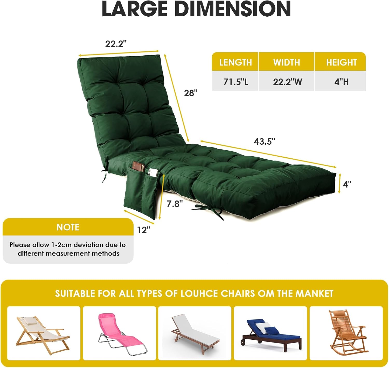 Outdoor Chaise Lounge Chair Cushion,Lounge Chair Cushions Thickened with Headrest and Pocket,Waterproof Replacement Patio Pool Lounge Chair Cushion for Outdoor Furniture with Ties,Dark Green