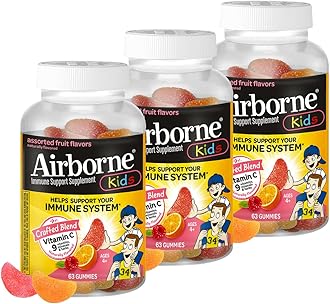 Airborne Kids 500mg Vitamin C Gummies, Kids Immune Support Zinc Gummies with Powerful Antioxidants VIT C & E - 63 Gummies, Assorted Fruit Flavor (Pack of 3)