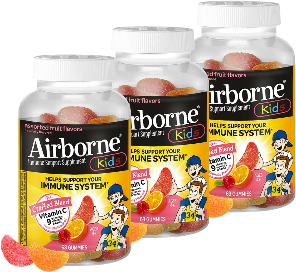 Kids 500mg Vitamin C Gummies, Kids Immune Support Zinc Gummies with Powerful Antioxidants VIT C & E - 63 Gummies, Assorted Fruit Flavor (Pack of 3)