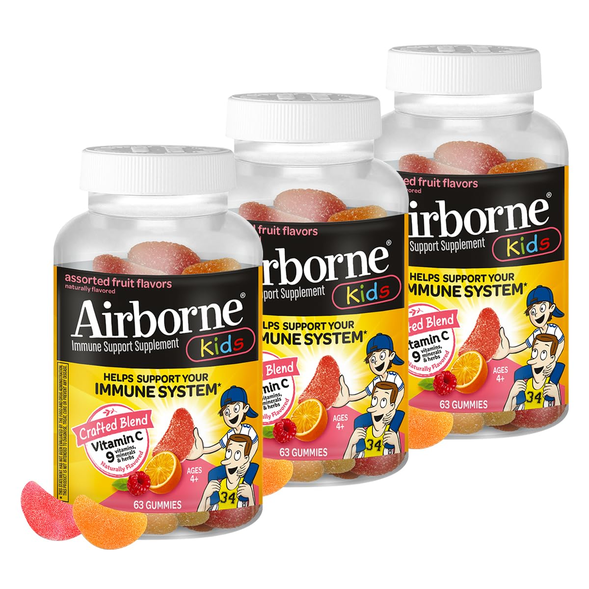 Airborne Kids 500mg Vitamin C Gummies, Kids Immune Support Zinc Gummies with Powerful Antioxidants VIT C & E - 63 Gummies, Assorted Fruit Flavor (Pack of 3)