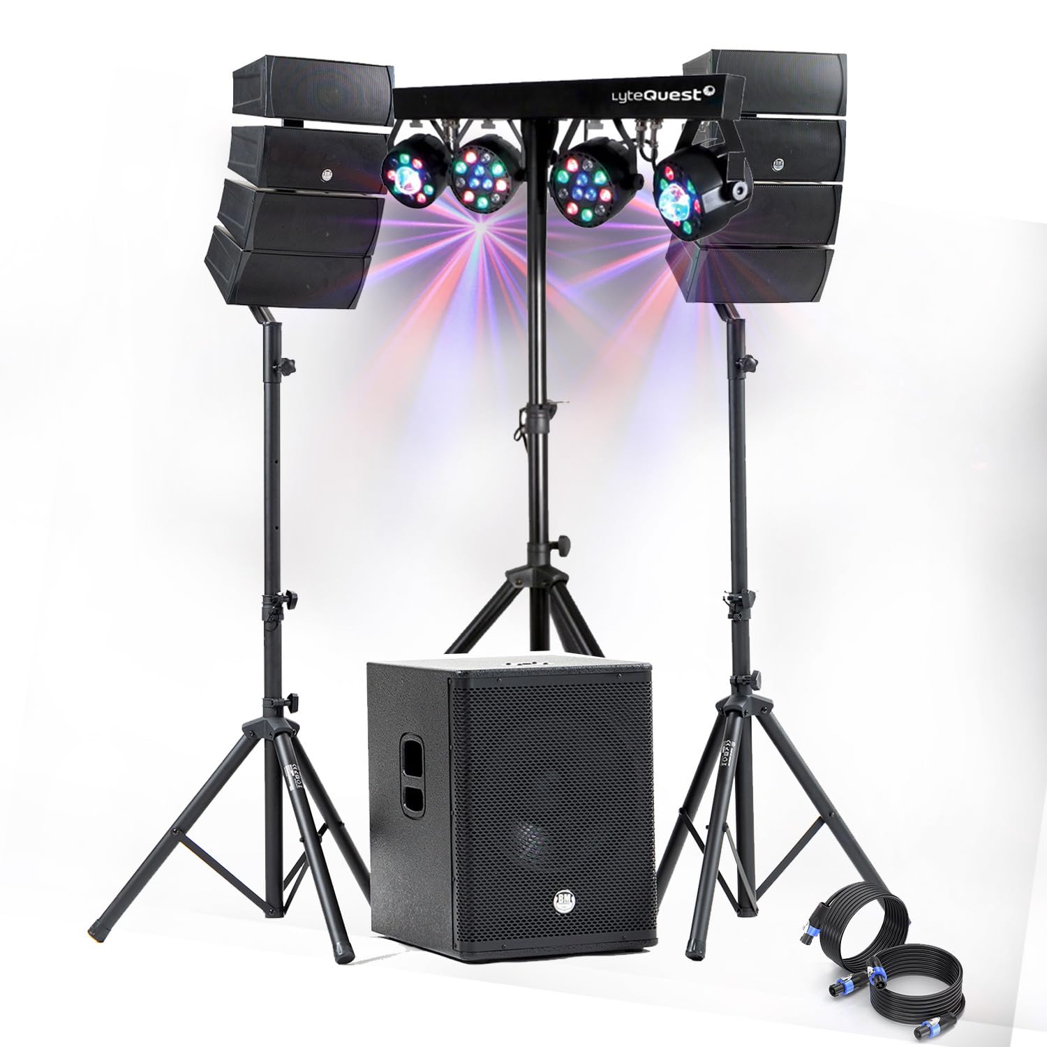 Pack Sono DJ 1200W Complet BM Bmsonic BMS-15-ARRAY-BT Enceintes +SUB 38cm USB/Bluetooth, Câbles, Eclairage LED Bar Salle des fêtes