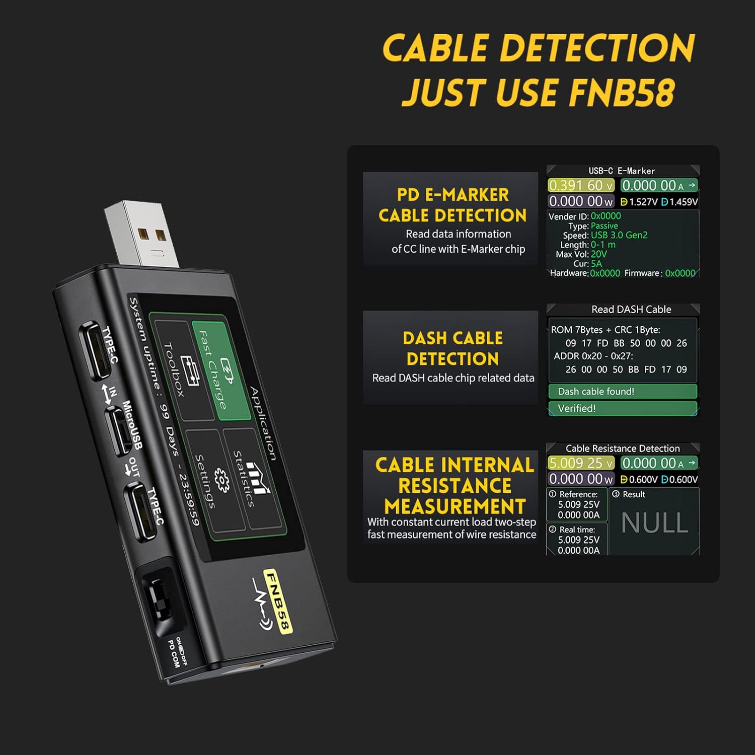 FNB58 USB Tester, Digital Voltmeter Current Tester USB Type-C Fast Charge Protocol Power PD Trigger Detection Max 7A Ammeter USB Test Meter Voltage Current Testers Tool Power Meter Voltmeter