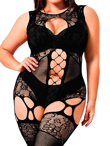EHSUYAB Plus Size Body Stockings For Women Curvy BBW, Exotic Dancer Lingerie Outfits, Full Sexy Fishnet Bodysuit Rave Party - Black