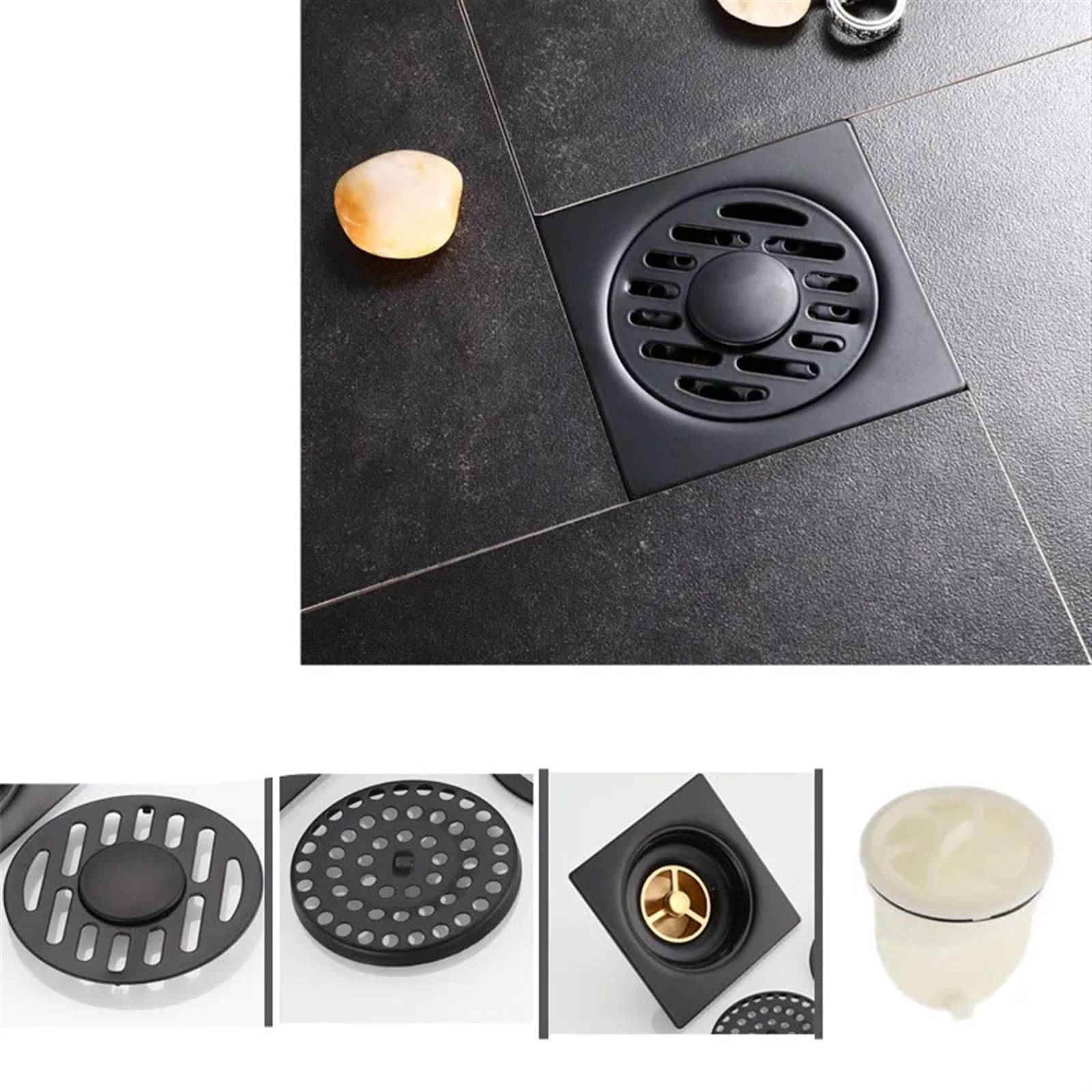 Grille de déchets 10x10cm en inox noir pour une douche italienne propre et sans odeur