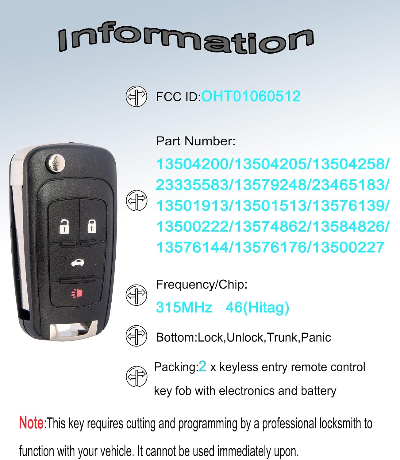 Key Fob Keyless Entry Remote Compatible with Chevrolet Equinox/ Camaro/Cruze/Impala/Malibu/ Sonic/Buick Allure/Encore/Lacrosse/Regal/GMC Terrain Key Replacement for OHT01060512, 2PCS