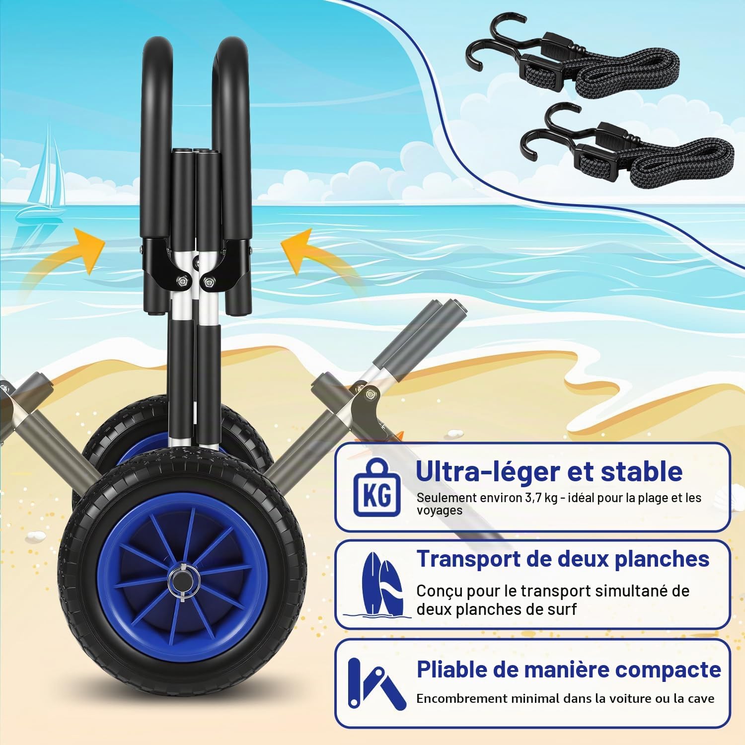Herrselsam Chariot de transport pour planche de SUP, simple ou double, pliable, rembourré, avec 2 sangles de sécurité