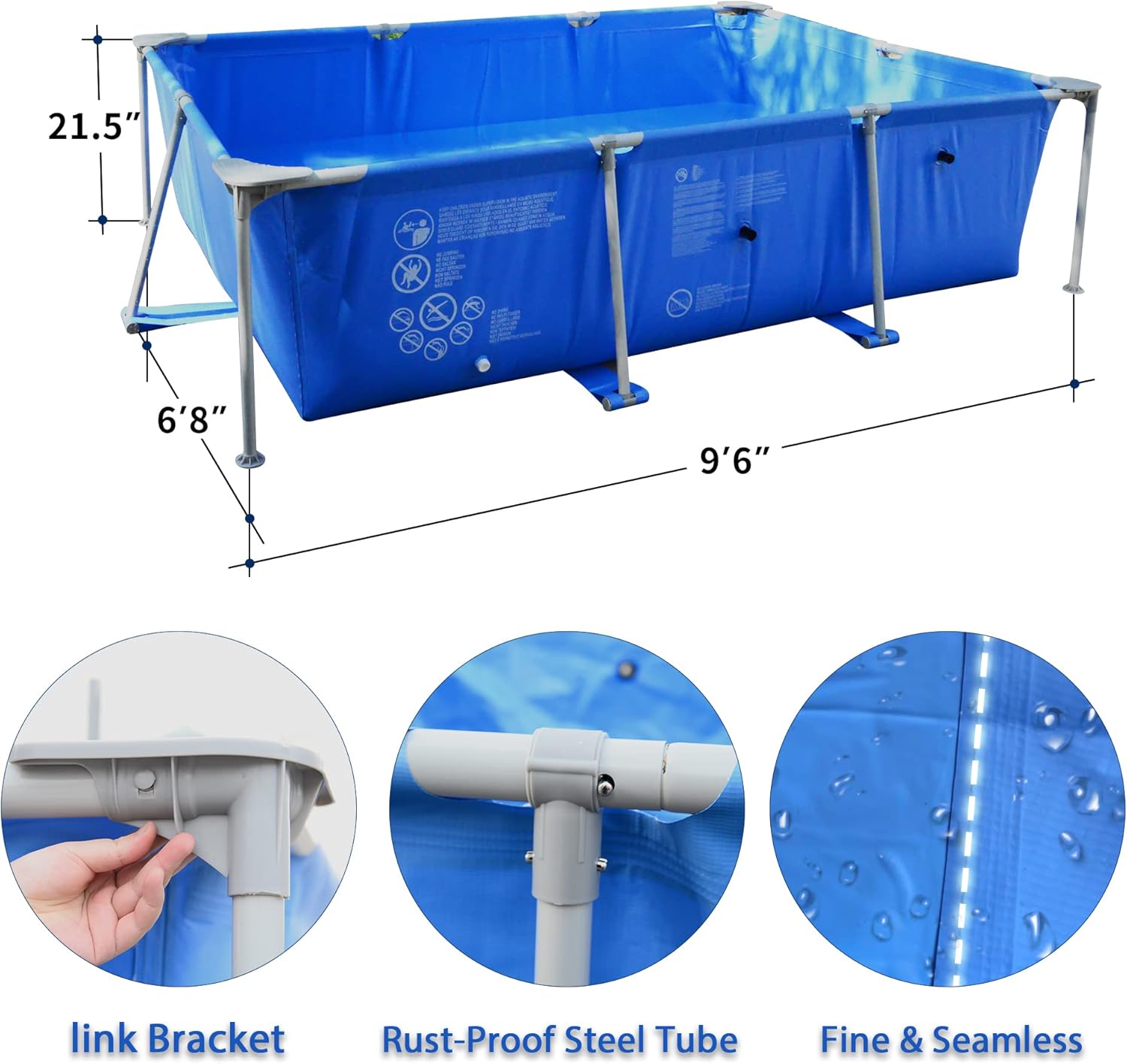 GeRRiT Metal Frame Rectangular Swimming Pool Portable Above Ground Easy Set Pool Family, blue