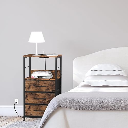 Miniatura 2 de Mesita de noche con cajones, mesa auxiliar con estación de carga, mesas auxiliares de dormitorio con puertos USB y tomacorrientes, mesita de noche