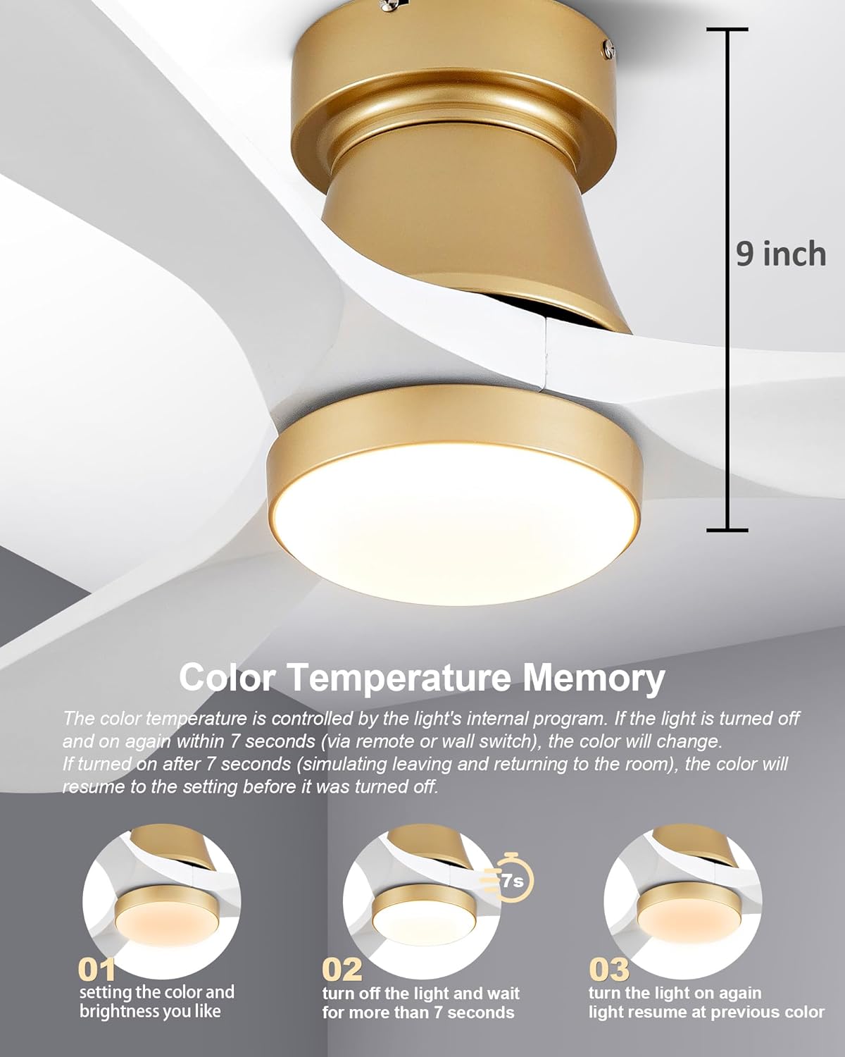 42 Inch Gold Ceiling Fan with Lights, Remote Control, Flush Mount, Dimmable, Reversible, Wood Blades, Power-Off Memory, Quiet DC Motor, Modern Hugger Ceiling Fan for Indoor Outdoor