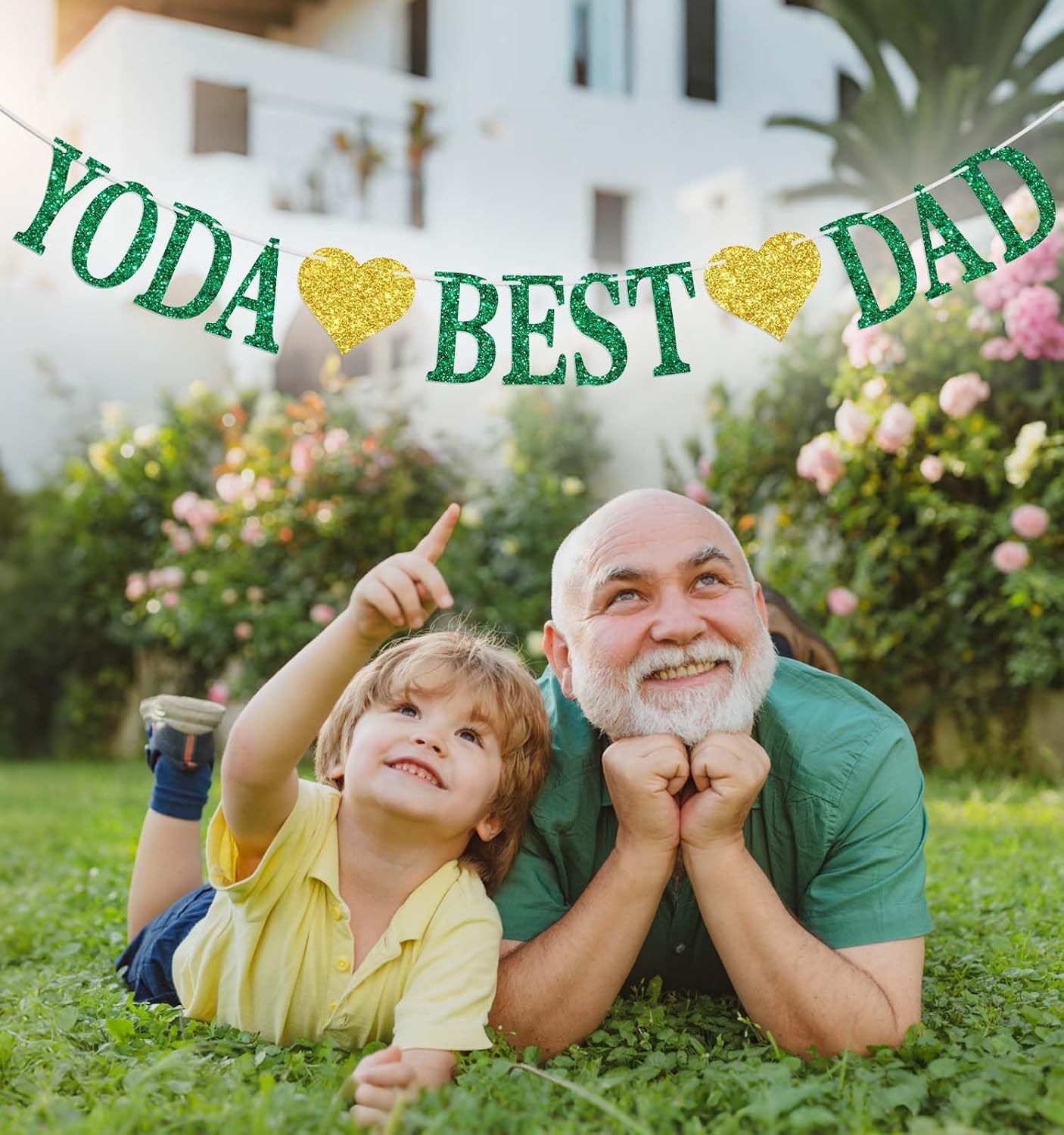 Yoda Best Dad Banner, Happy Father’s Day Decoration, Best Dad Ever, Funny Father’s Day/Birthday Party Decorations Green & Gold Glitter image 2