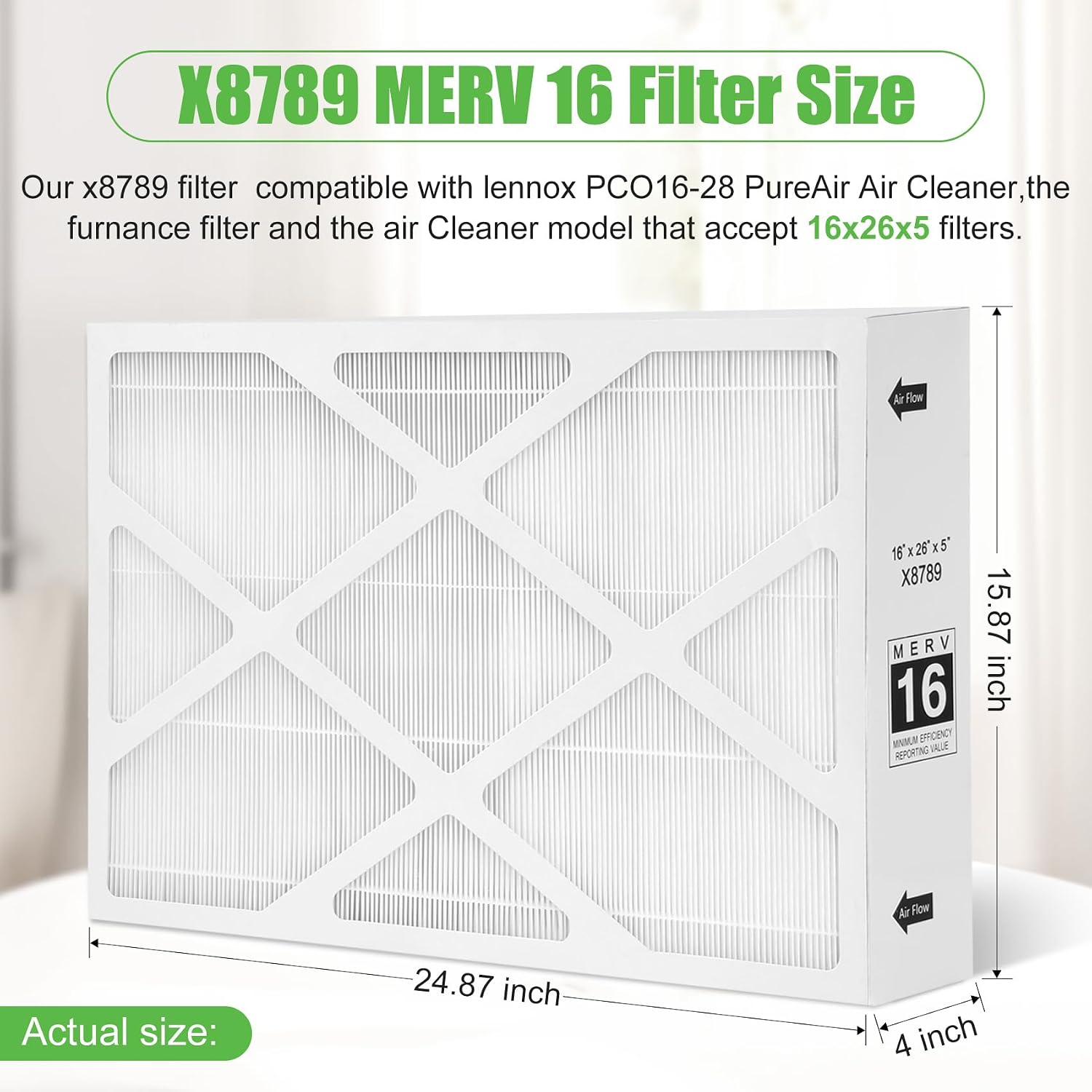 Miory X8789 MERV 16 Filter 16x26x5 Inch Carbon Clean Furnance Filter Compatible with lennox X8789 and PureAir PCO16-28 Air Cleaner 2 Packs