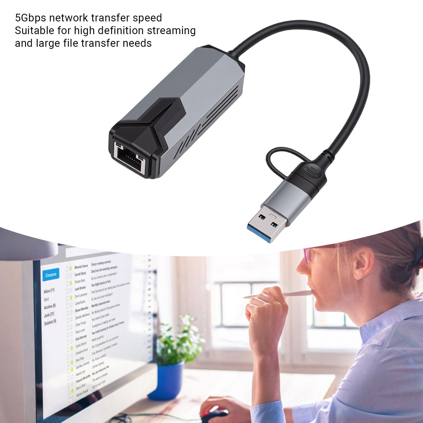 Goshyda Adaptateur Ethernet USB C vers 5 Go, Adaptateur Réseau 5 Gigabit avec Port USB A, Plug and Play en Aluminium pour Ordinateur Portable Wins 10/11 OS X Thunderbolt 4