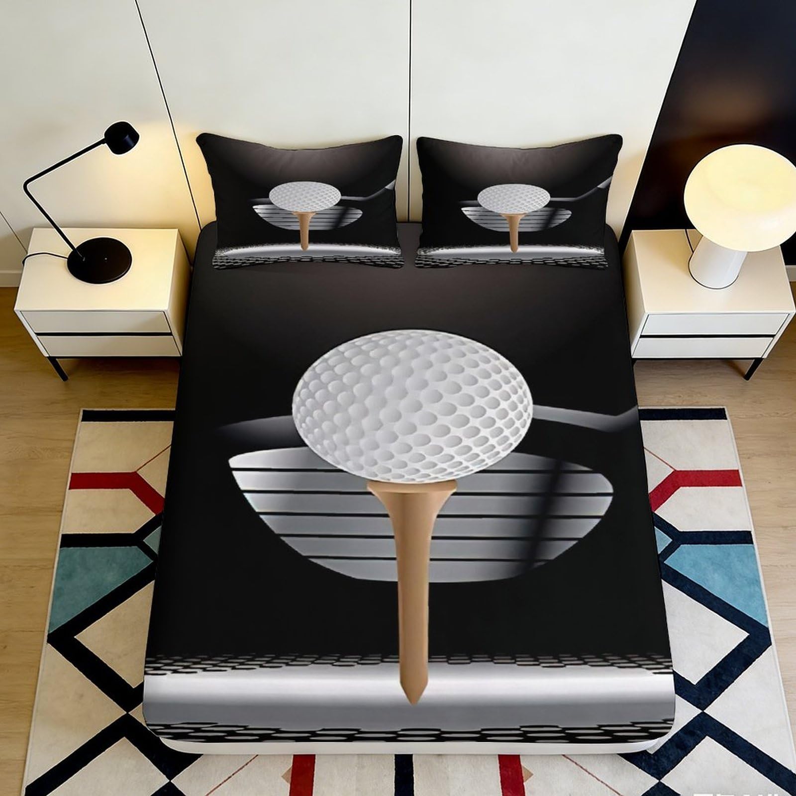 3D Printed Golf Club Fitted Sheet Microfiber Deep Pocket Non-Slip Bedding Golf Ball Mattress Fitted Cover for Bedroom 160x200x25cm