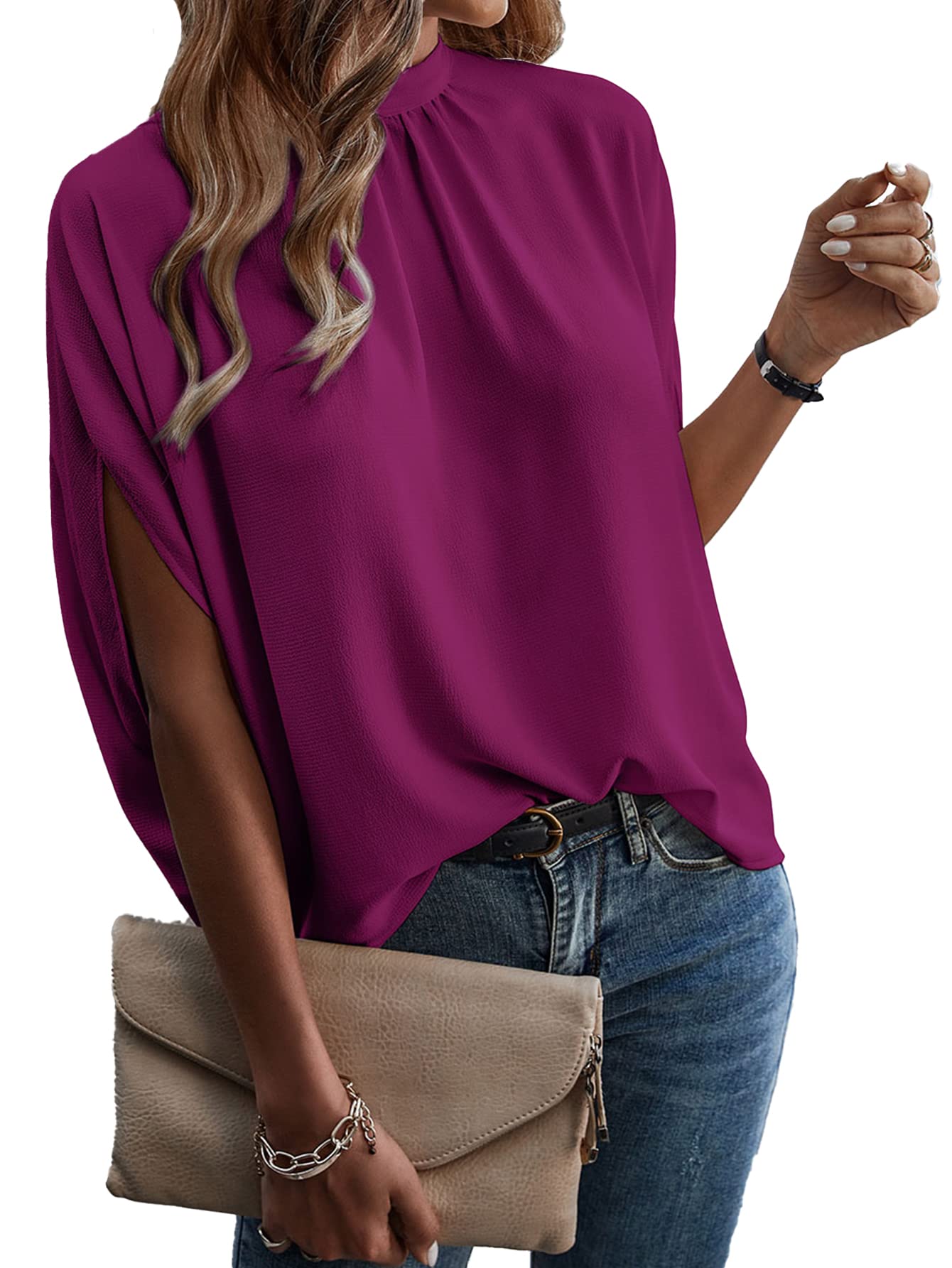 VerdusaWomen's Tie Back Dolman Sleeve Blouse Top Casual Dressy Mock Neck Going Out Tops