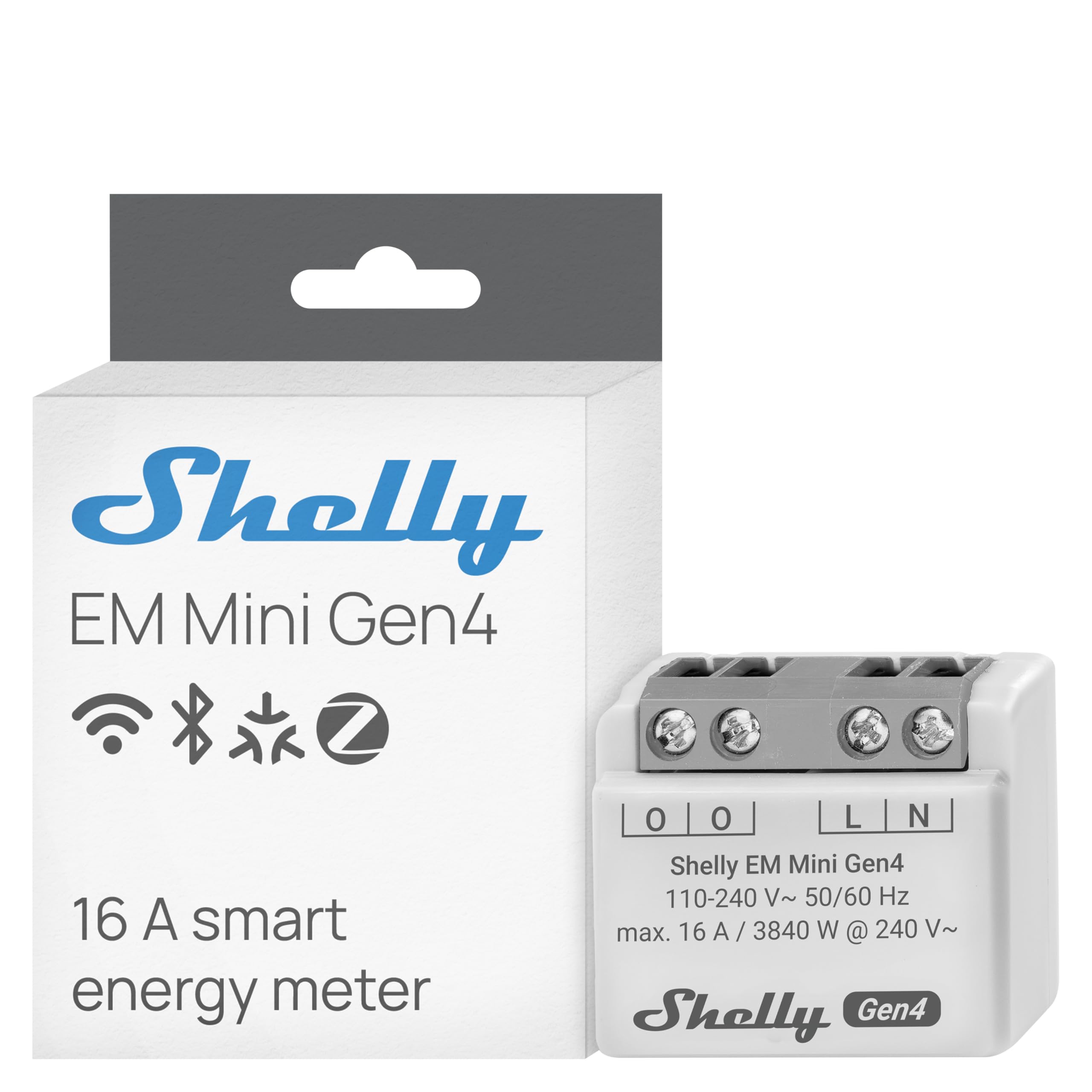 Shelly Shelly EM Mini Gen4, WLAN-betriebener Smart-Energiemesser bis zu 16A, Matter, Zigbee, Amperemeter, Voltmeter, Leistungsmessung, Fernsteuerung, Hausautomation, Kein Hub Erforderlich, 1 Stück