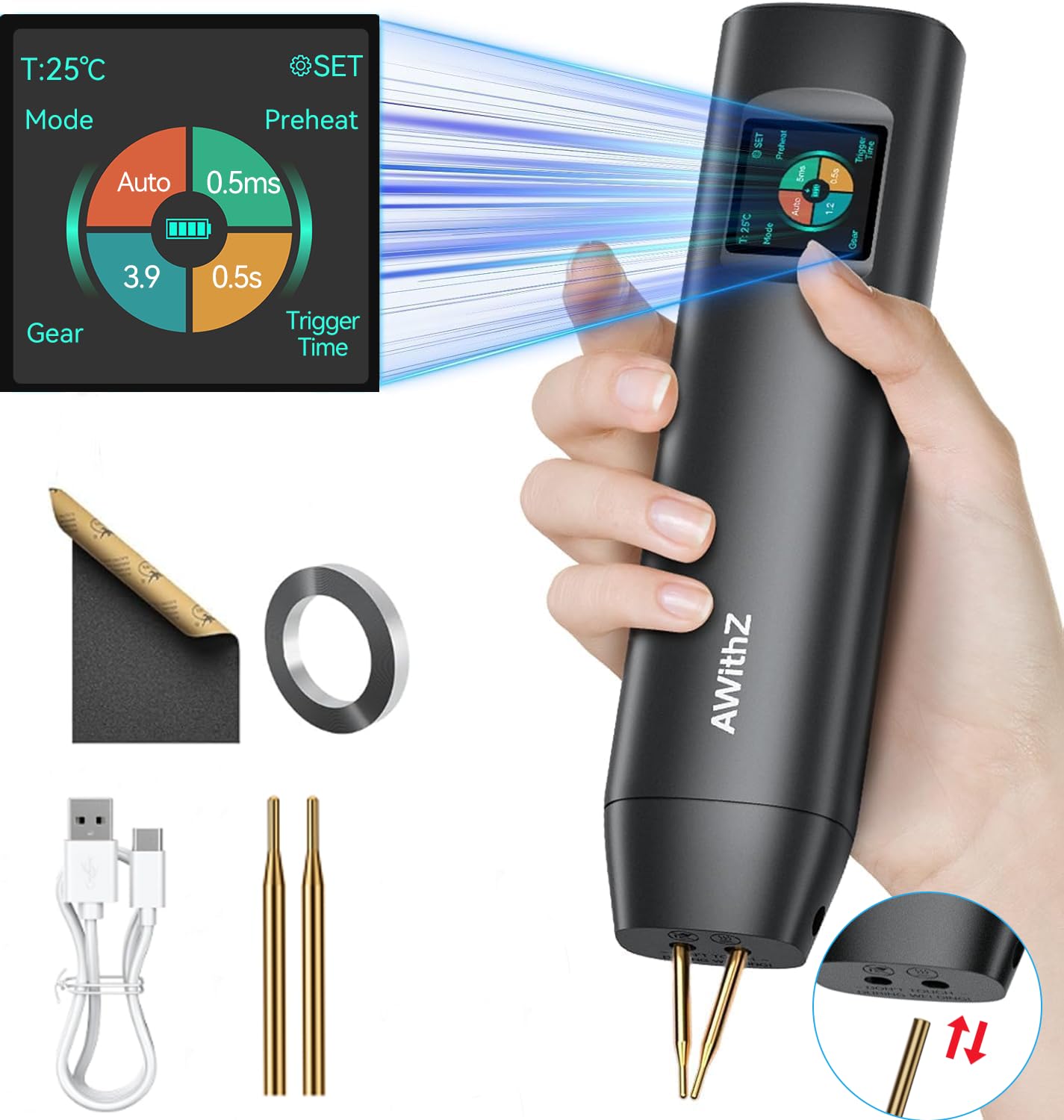 Akku-Punktschweißgerät, AWithZ1,5 Zoll LCD 99-Gang einstellbares Hand-Punktschweißgerät, tragbarer Punktschweißer mit automatischem und manuellem Modus, Punktschweißgerät für 18650-Akku (H2PRO)