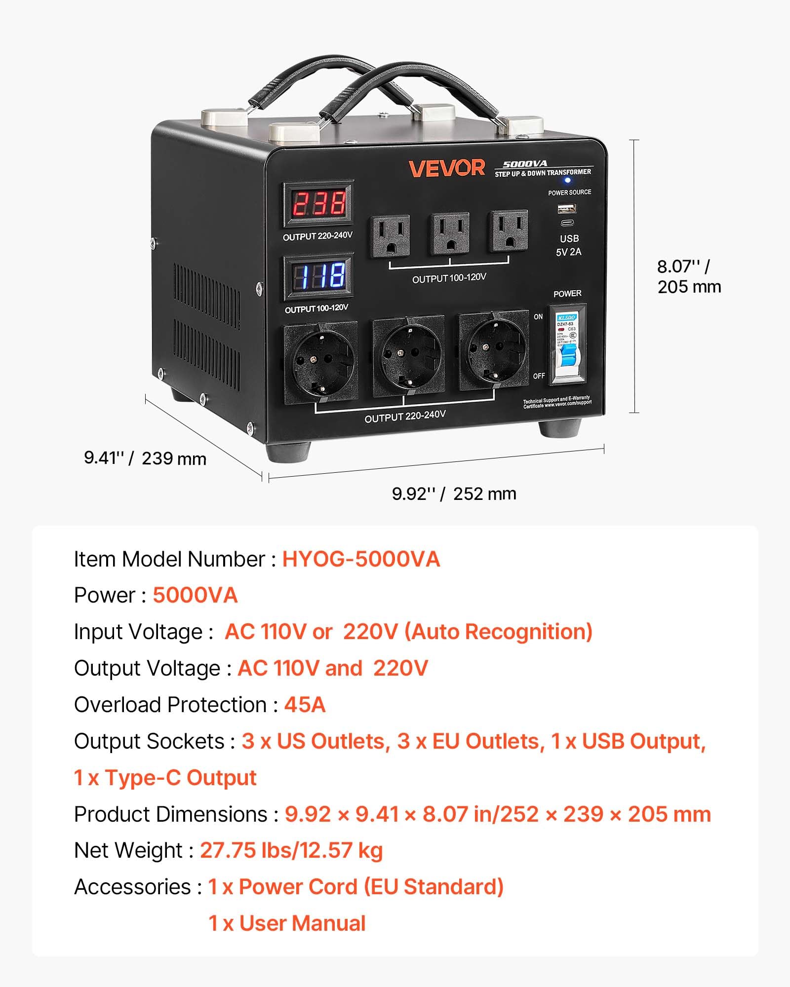 VEVOR Transformator 220 V na 110 V 110 V do 220 V Automatyczny transformator napięcia obniżającego 5000 VA z 3 gniazdami USA, 3 gniazdami UE, wyświetlaczem LCD, kablem zasilającym