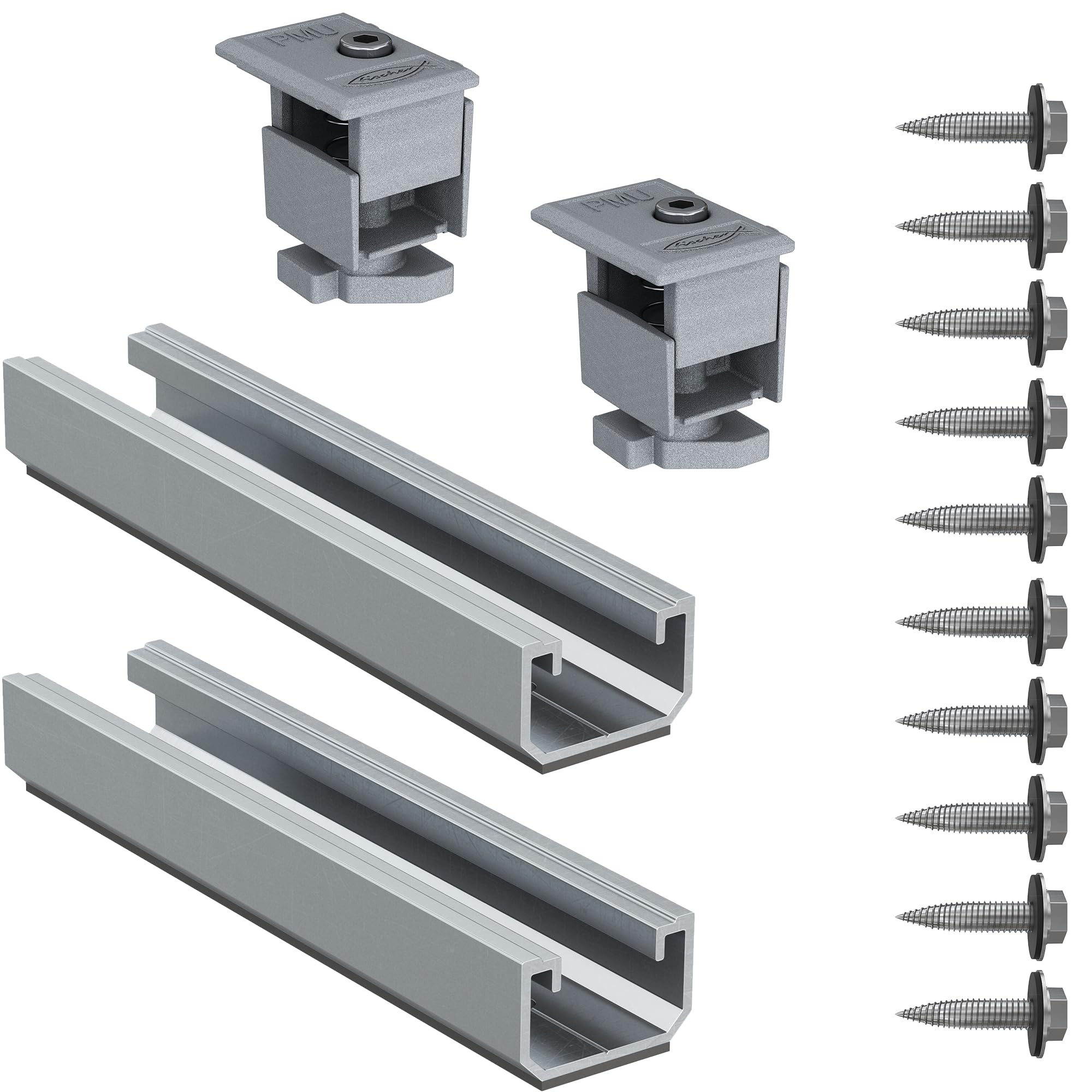 Fischer Kit Lamiera Grecata 2x Profilo Solar Metal + 10x Viti + 2x Morsetti PMU, per Fissaggio Pannelli Solari Fotovoltaici con Orientamento Orizzontale, 571965