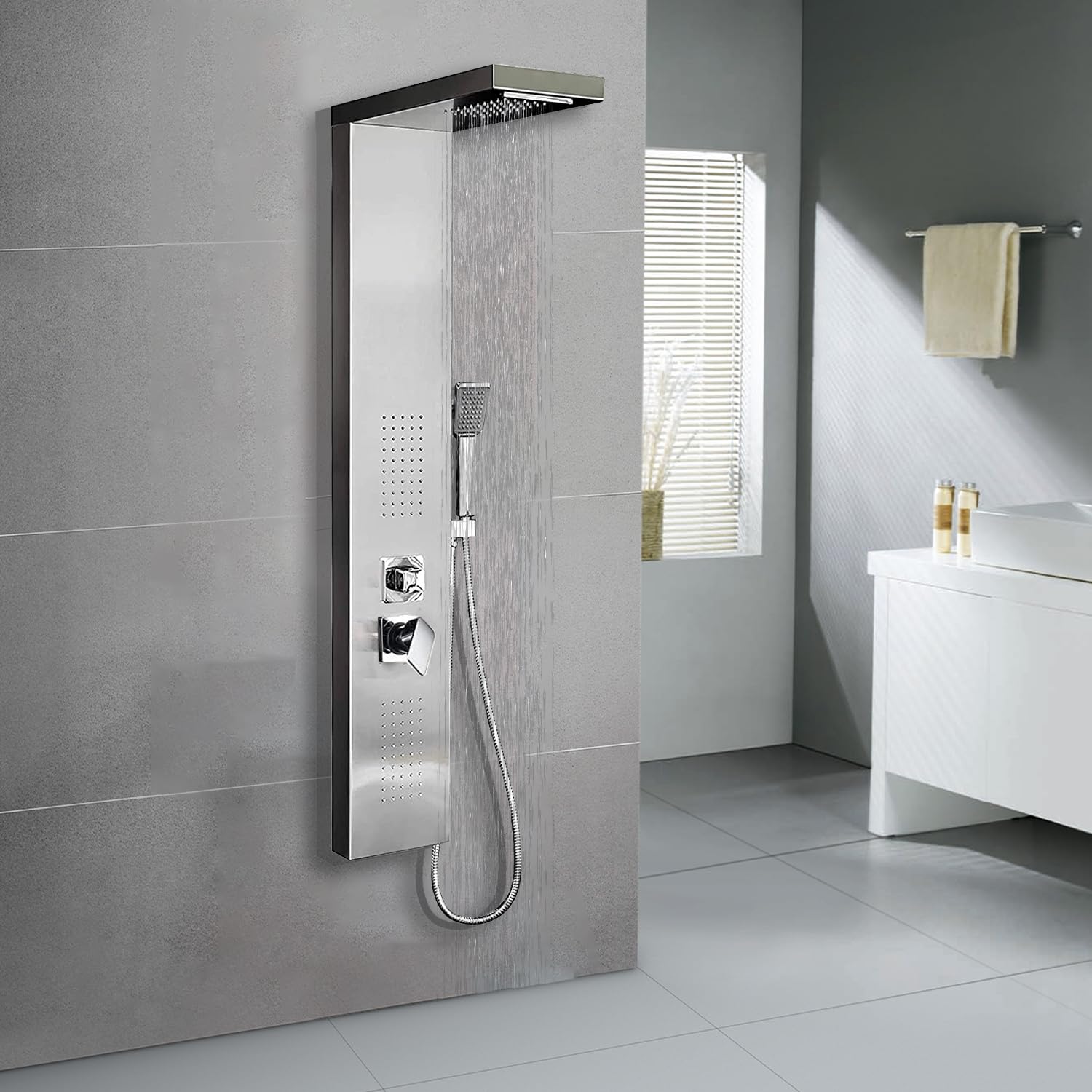 Pannello Doccia angolare in Acciaio Inox - Soffione Doccia a Pioggia e a Cascata a 4 funzioni, Set Completo di Accessori per Doccia per Installazione angolare