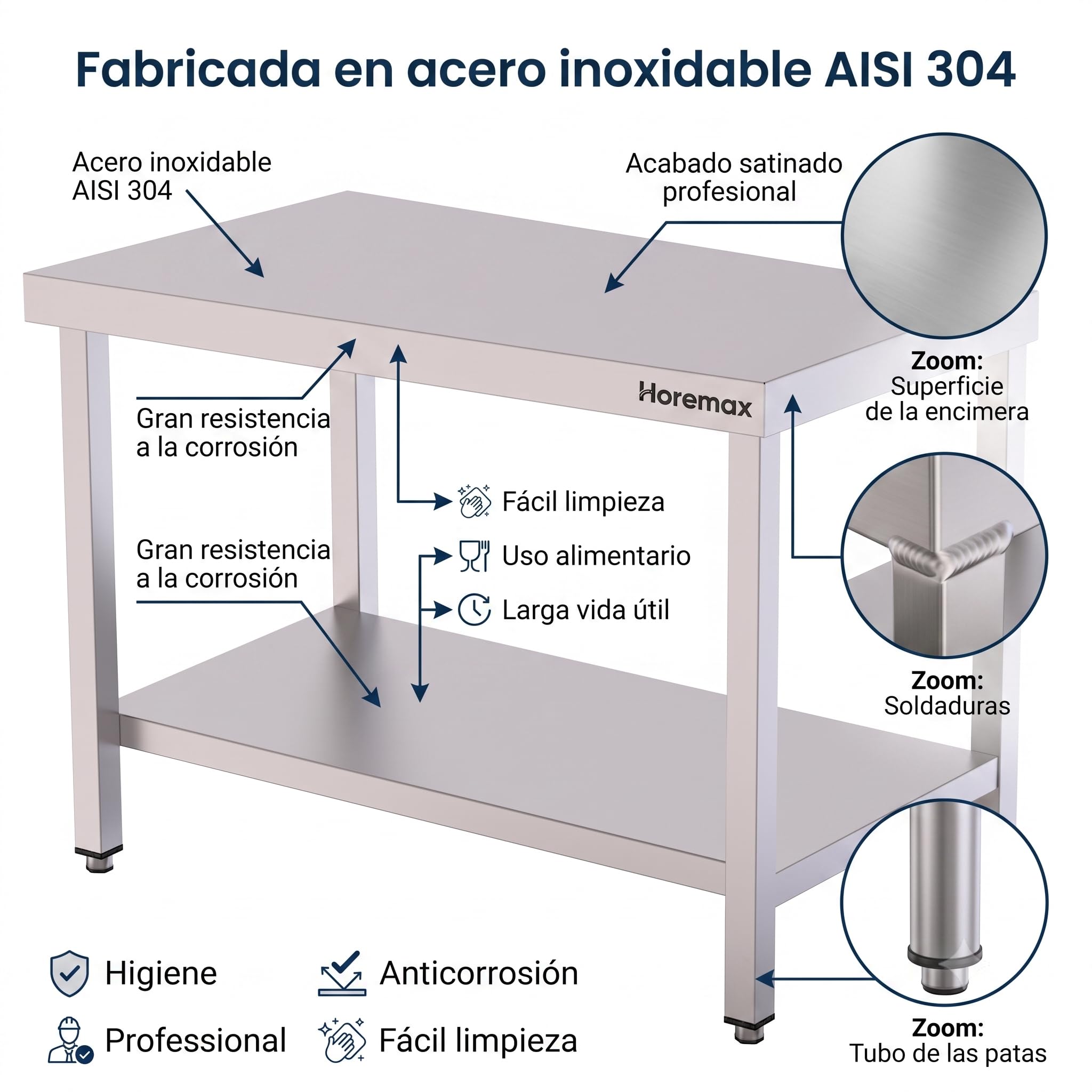 Mesa de Trabajo Central para Cocina Profesional, Acero Inoxidable AISI 304, Estante Inferior y Patas Regulables, 150 x 70 x 85 cm