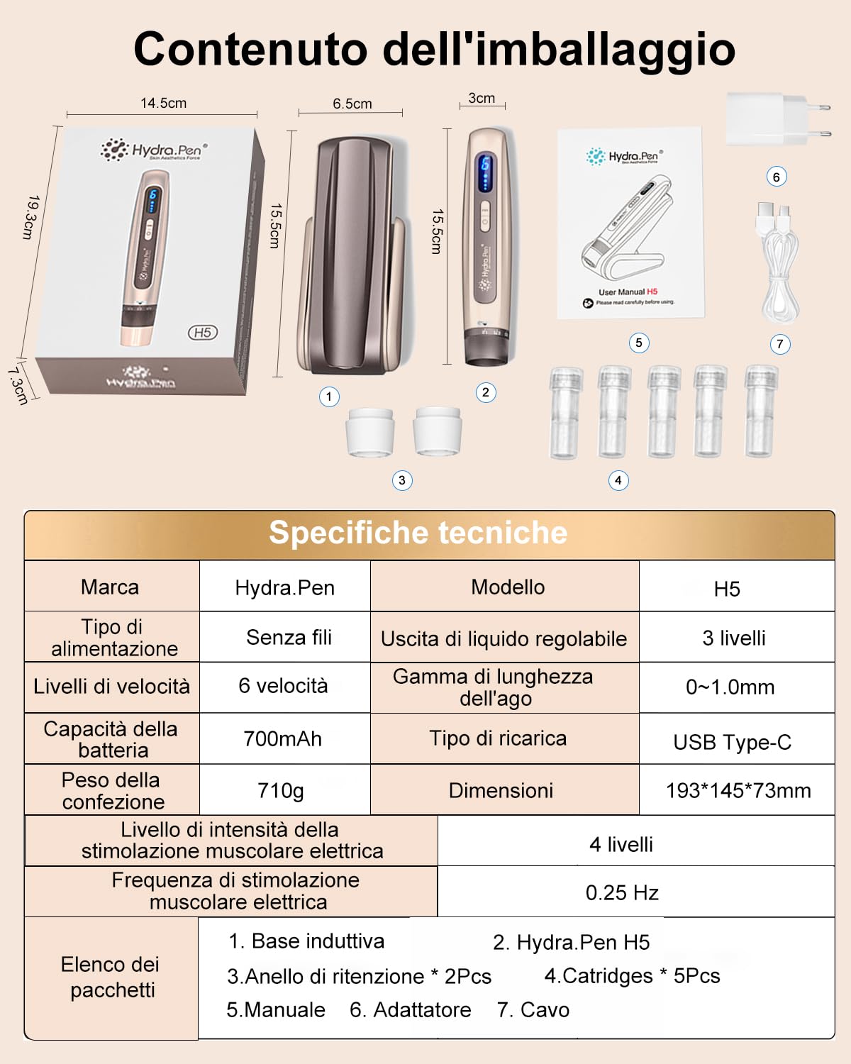 Hydra. pen H5 Dermapen Microneedling Pen, Applicatore Wireless di Siero Essenziale con Microcorrente EMS, Per la Cura Della Pelle, Rughe, Cicatrici e Perdita di Capelli, Salone di Bellezza Domestico