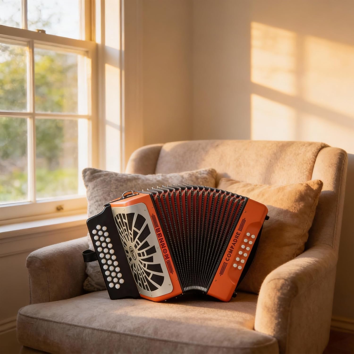 Hohner Compadre FBbEb 3-Row Diatonic Accordion - Orange Bundle with Adjustable Straps, Gig Bag, Hard Case and Austin Bazaar Polishing Cloth