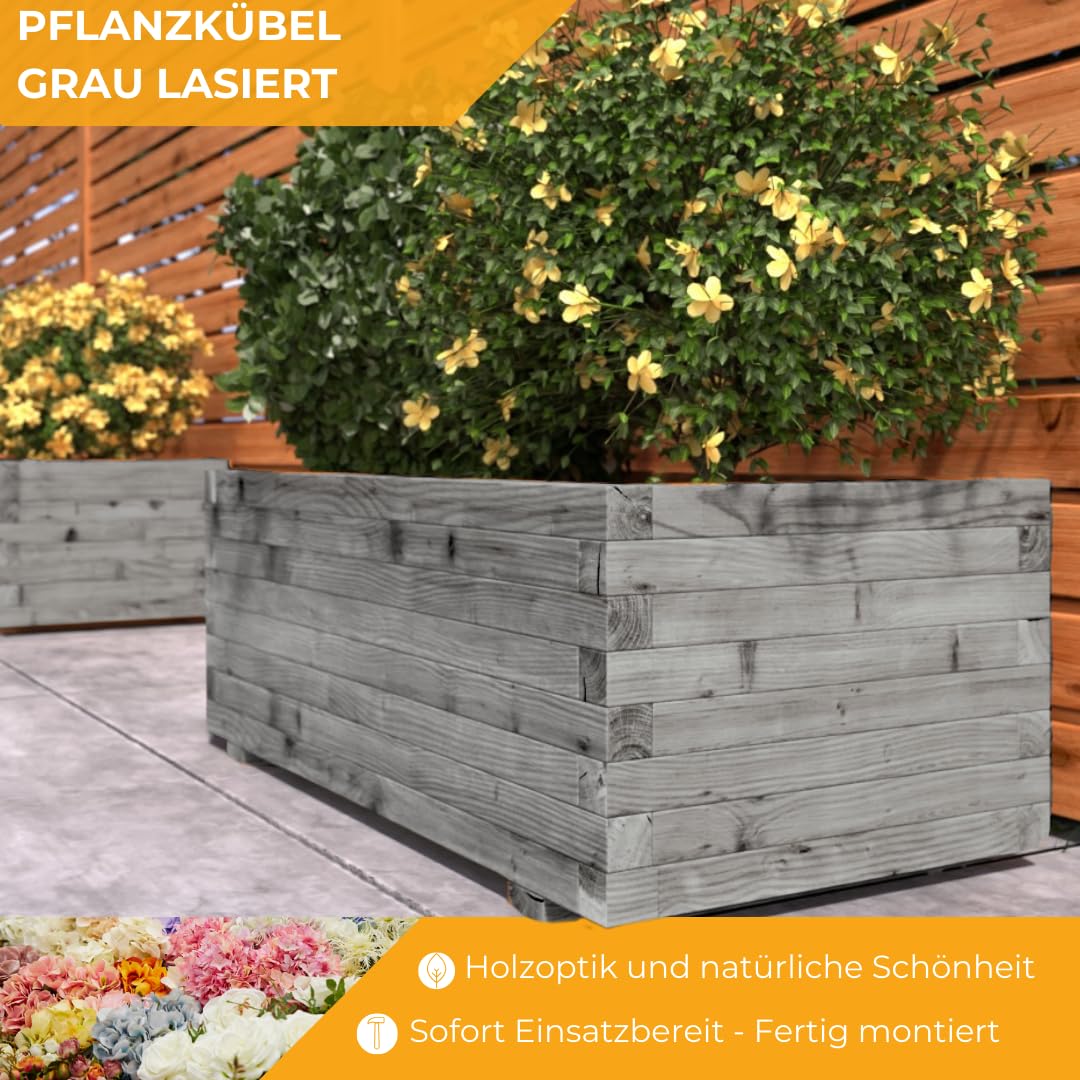 Mega Holz Pflanzkübel Grau Lasiert 40x40 cm - Massiv & wetterfest - Fertig montierter Blumenkübel aus Kiefernholz - Rustikaler Blumentopf für Garten, Balkon & Terrasse, witterungsbeständig & robust