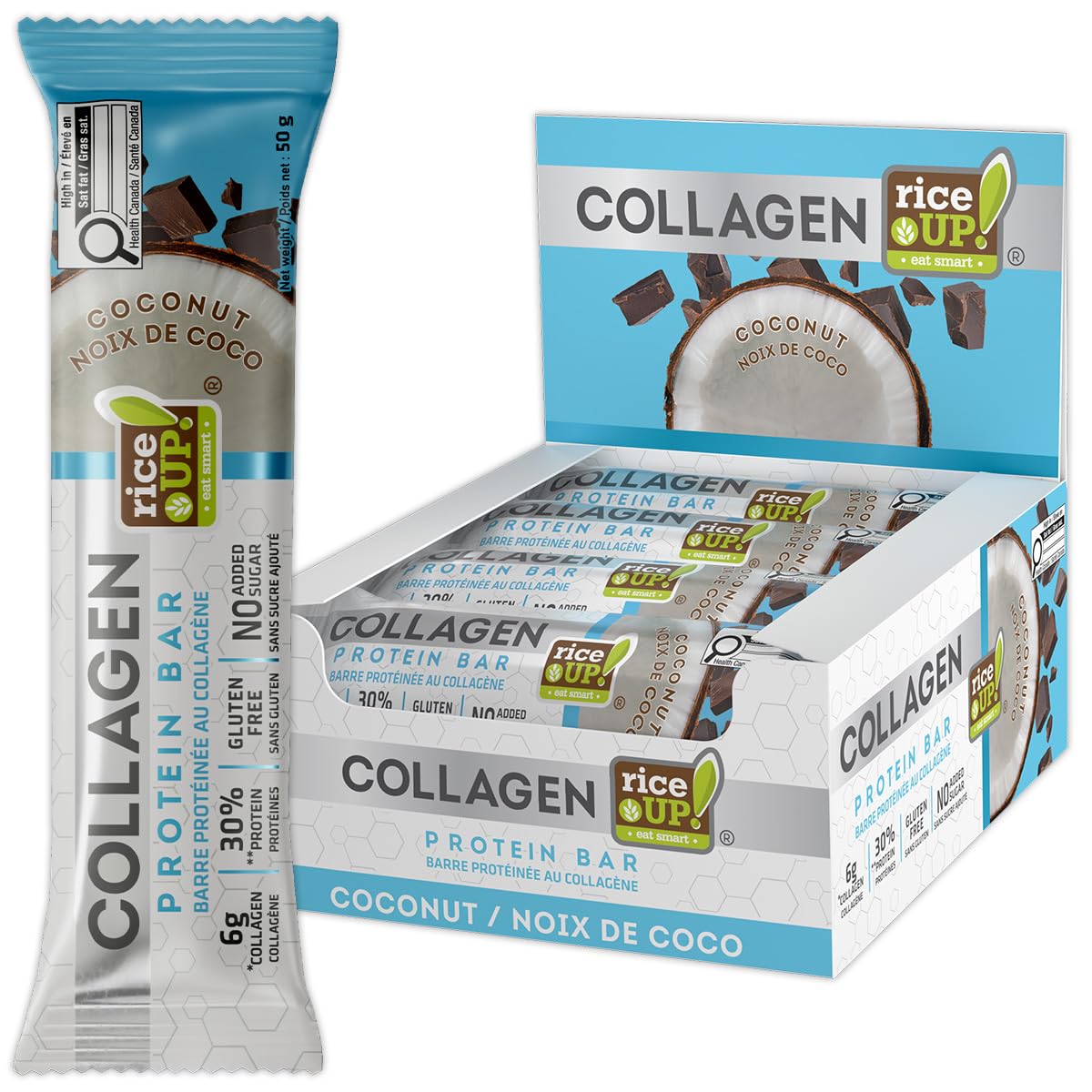 RiceUP! Collagen Protein bar Chocolate Coconut 12 x 50g | 6g Collagen | 30% Protein | Gluten Free | Zero Added Sugar | Palm Oil Free | Preservatives Free | Source of fibre