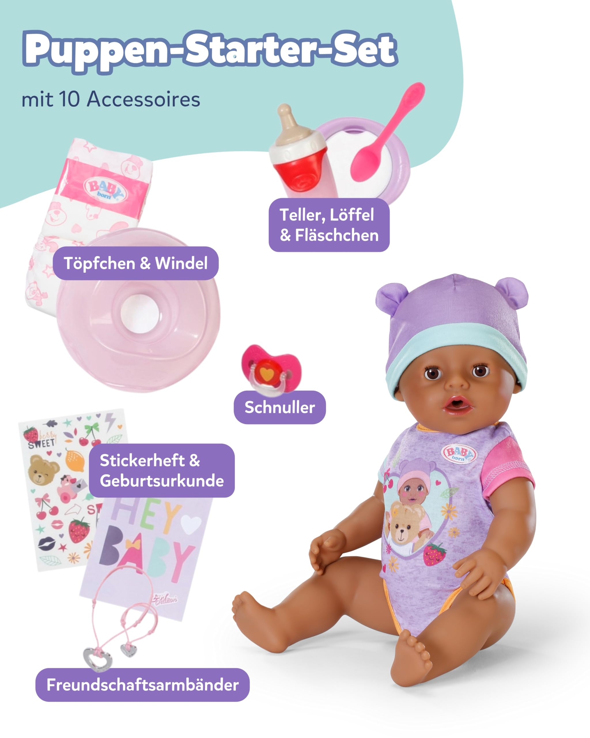 BABY Born Eva - 43 cm große Babypuppe - 10 Funktionen inkl. Accessoires & Strampler - Funktioniert komplett ohne Batterien - Geeignet für Kinder ab 3 Jahren