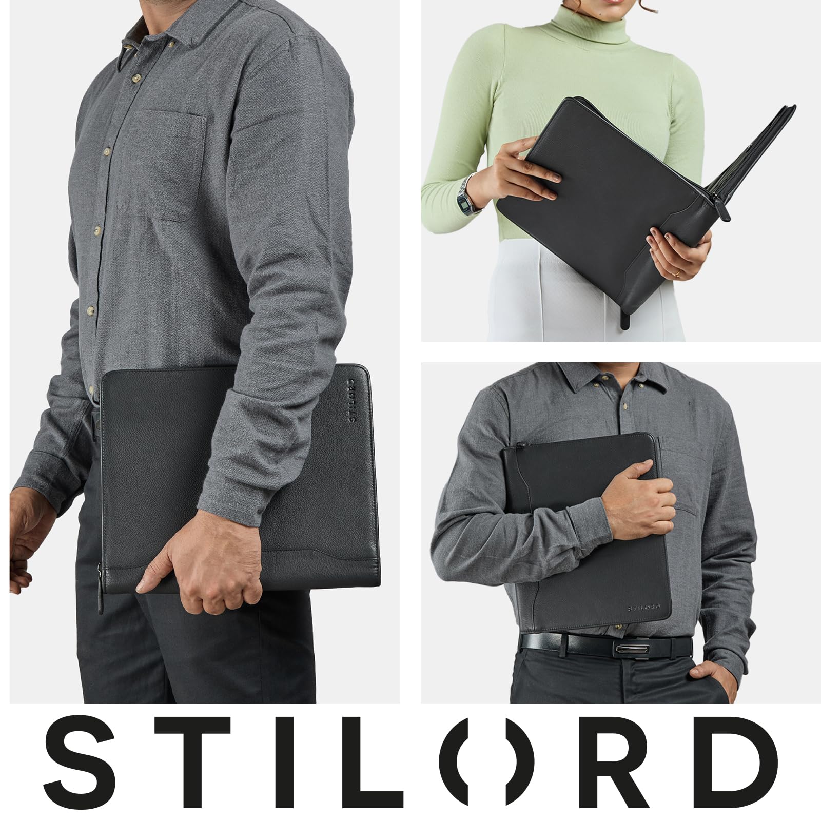 STILORD Wesley Élégante Conferencier A4 Cuir Véritable Porte Document Noir de Conférence Fermeture éclair - Grande Portfolio Tablette 13 Pouces pour Bureau et Réunions