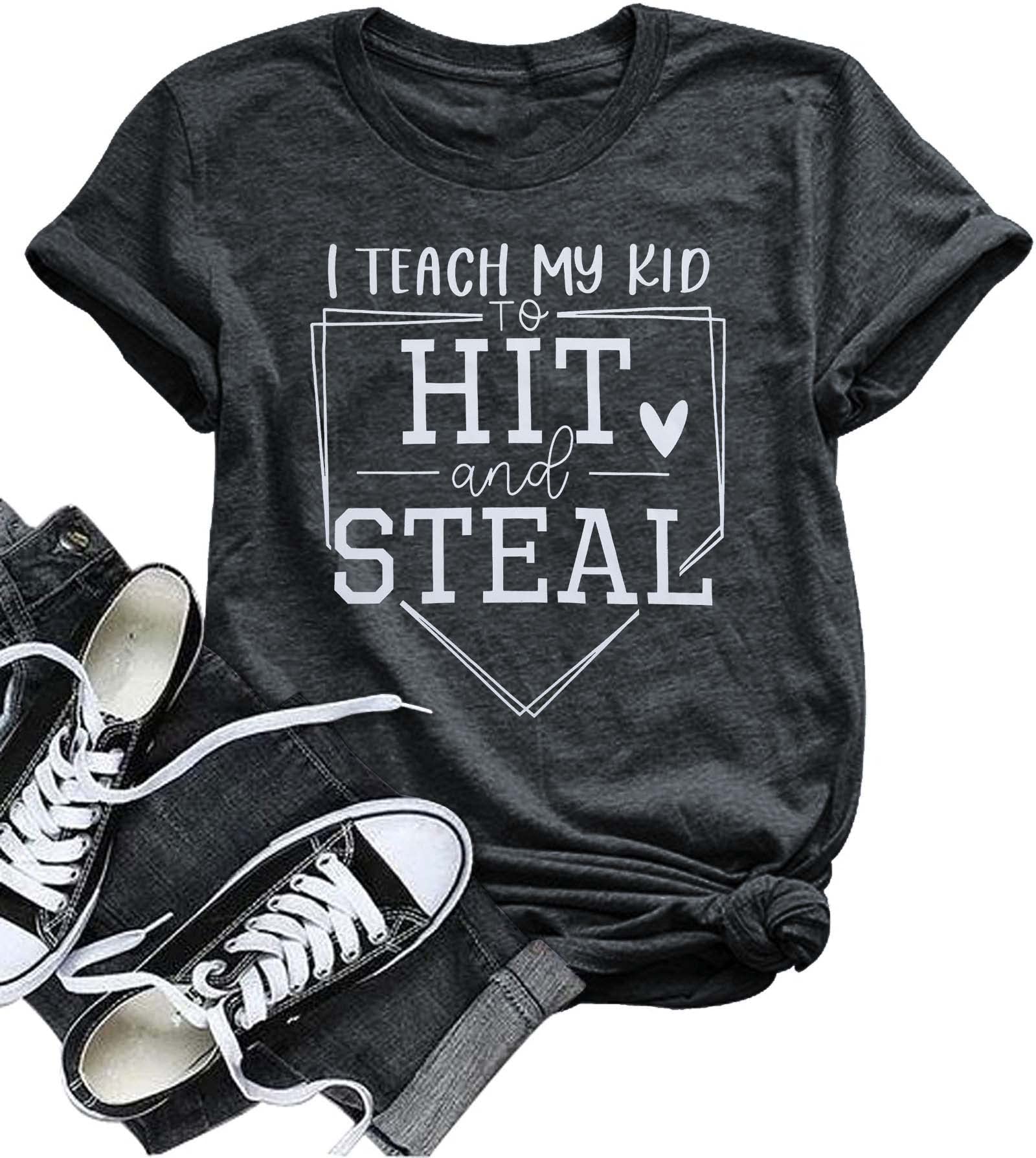 VILOVEBaseball Mama Shirt Women I Teach My Kids to Hit and Steal Shirt Baseball Mom Tshirt Baseball Heart T Shirt