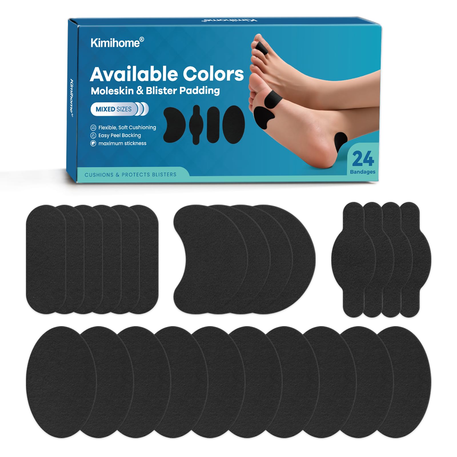 Kimihome Moleskin - Set di 24 cerotti autoadesivi per la prevenzione delle vesciche, per alleviare il dolore, colore: Nero con 4 forme