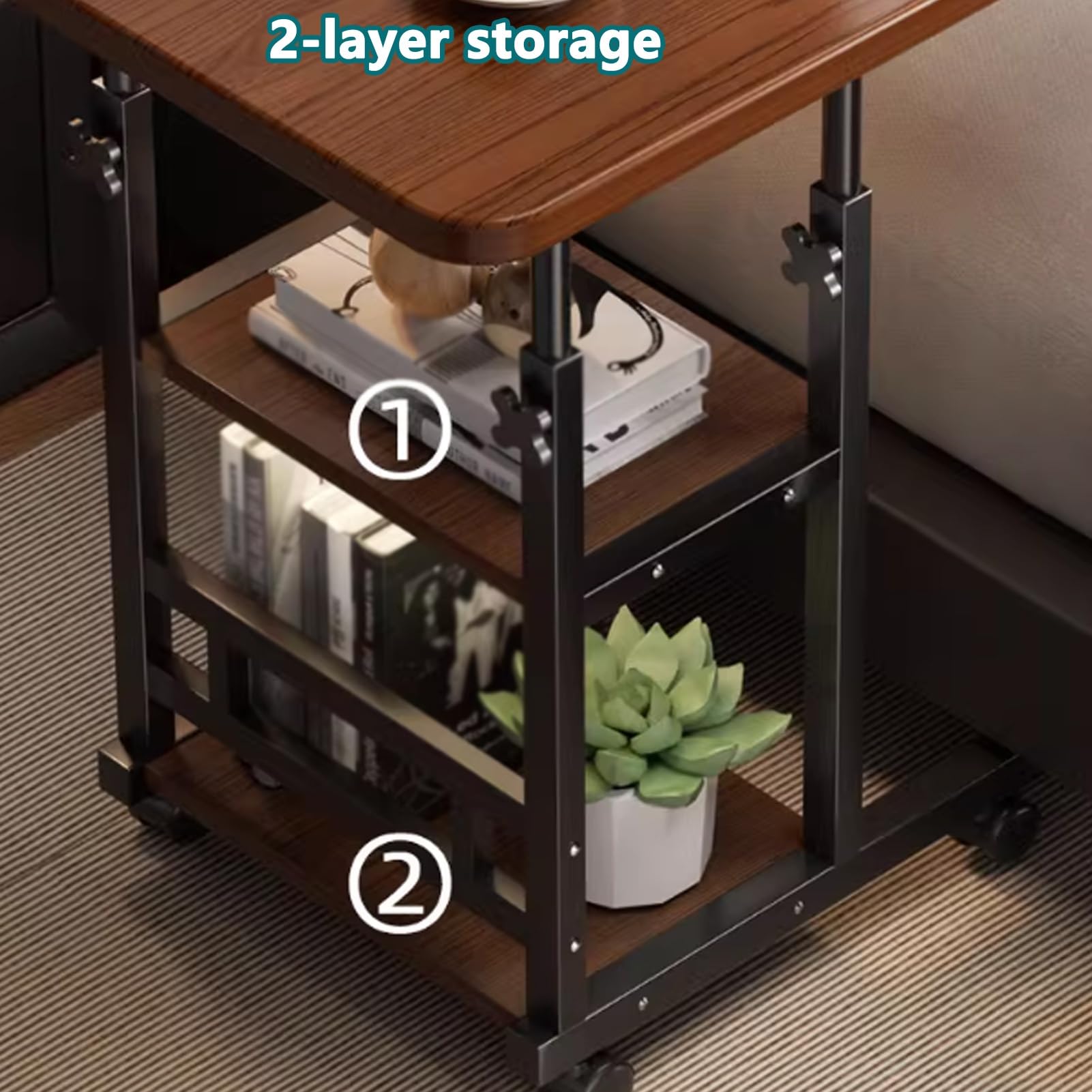Tavolino da Letto con Ruote e Altezza Regolabile, Carrello for Laptop a 3 Livelli, Tavolino Laterale a Forma di C for Camera da Letto, Soggiorno, Ospedale(Natural,80cm/31.5in)