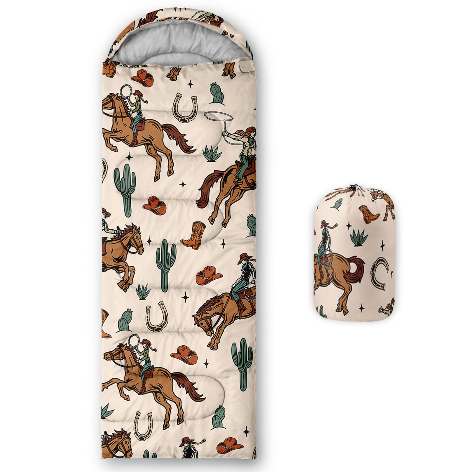 AILONEN Western Cowboy Camping Sleeping Bag for Boys Girls Adults,Lightweight & Waterproof,3 Season Warm & Cold Weather,Portable,Cacti Desert Sleeping Bag,Traveling,Camping,Hiking