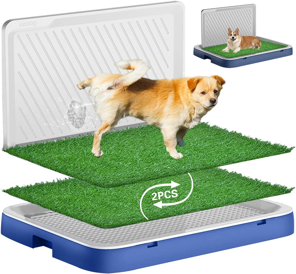 PETILALA Grass Pad for Dogs with Tray&Pee Baffle,24.8x19.3in 2pcs Artificial Grass for Indoor Small Medium Dogs/Puppy Up to 70lbs Potty Training,Reusable Fake Turf for Dog Pee On