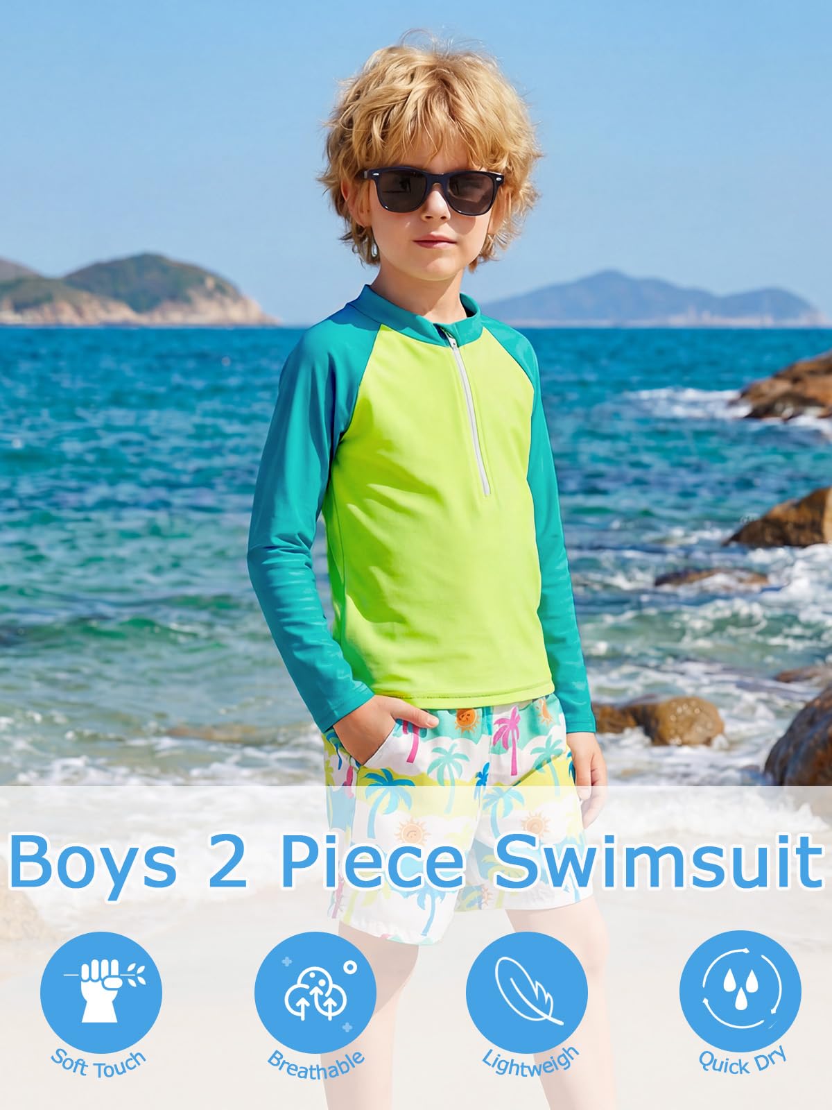 JiAmy Conjunto de traje de baño de manga larga para niños, 2 piezas, traje de baño con cremallera frontal y pantalones cortos de natación con bolsillos, traje de baño para 3-12 años