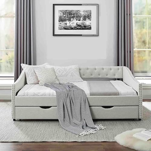 Sofá cama matrimonial con 2 cajones, moderno sofá cama tapizado con botón en la espalda y clavos de cobre en los brazos, sofá cama, marco de cámara disponible en Yaxa Colombia