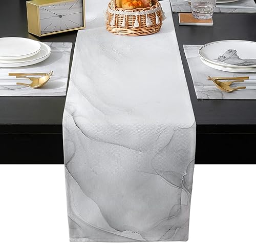 COLORSUM Juego de camino de mesa y manteles individuales para mesa de comedor, textura de mármol, moderno, gris y blanco, algodón y lino,