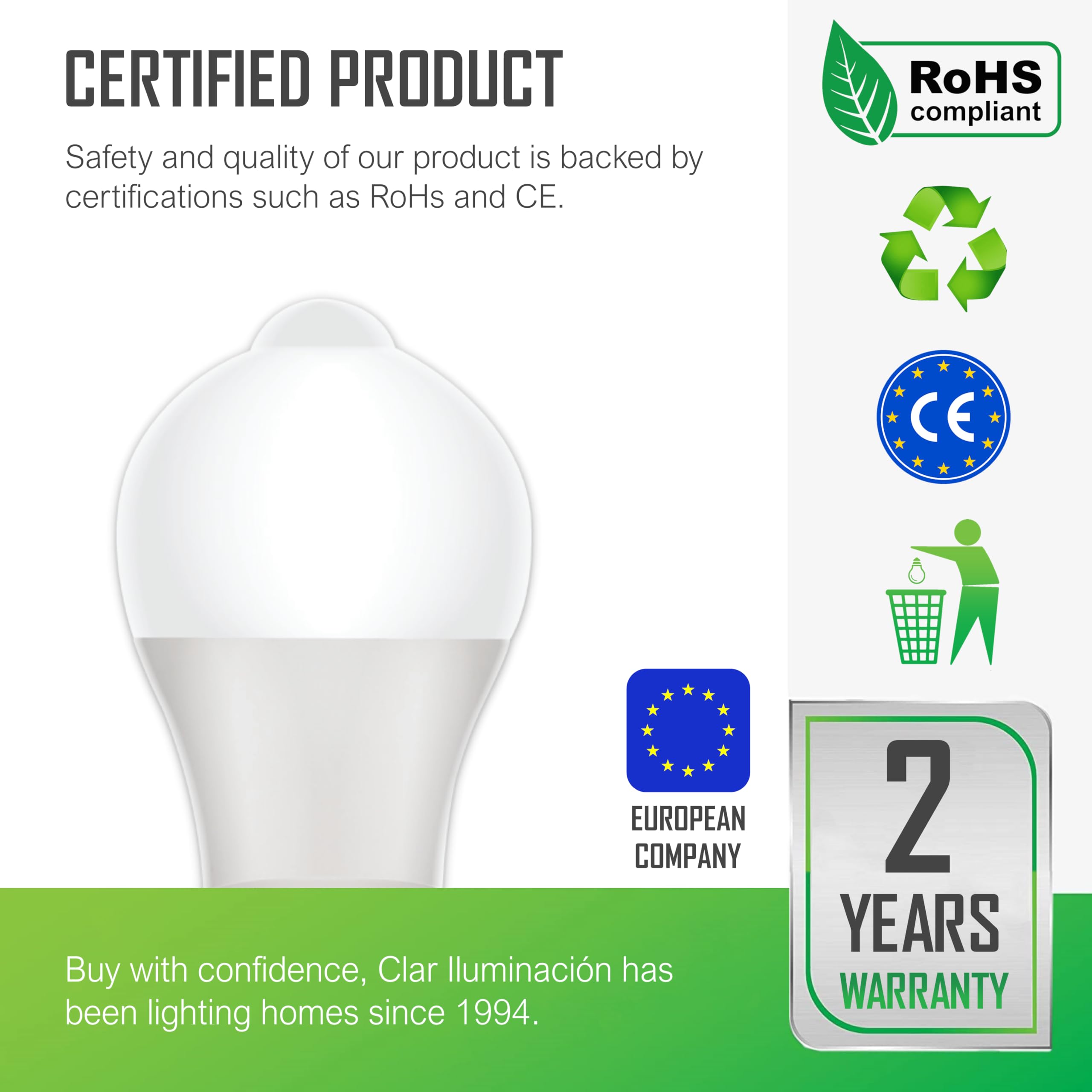 CLAR - Lampadina con sensore di movimento E27, accensione automatica, 10W 3000K Bianco Caldo, per interno corridoio/garage (Pack 10)