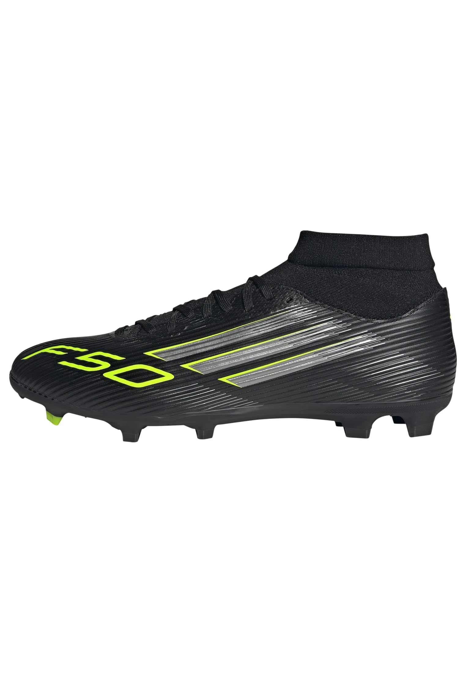 adidas Unisex F50 League Mid Firm Multi Ground Football Boots, Core Black/Iron Metallic/Lucid Lemon, 6 UK