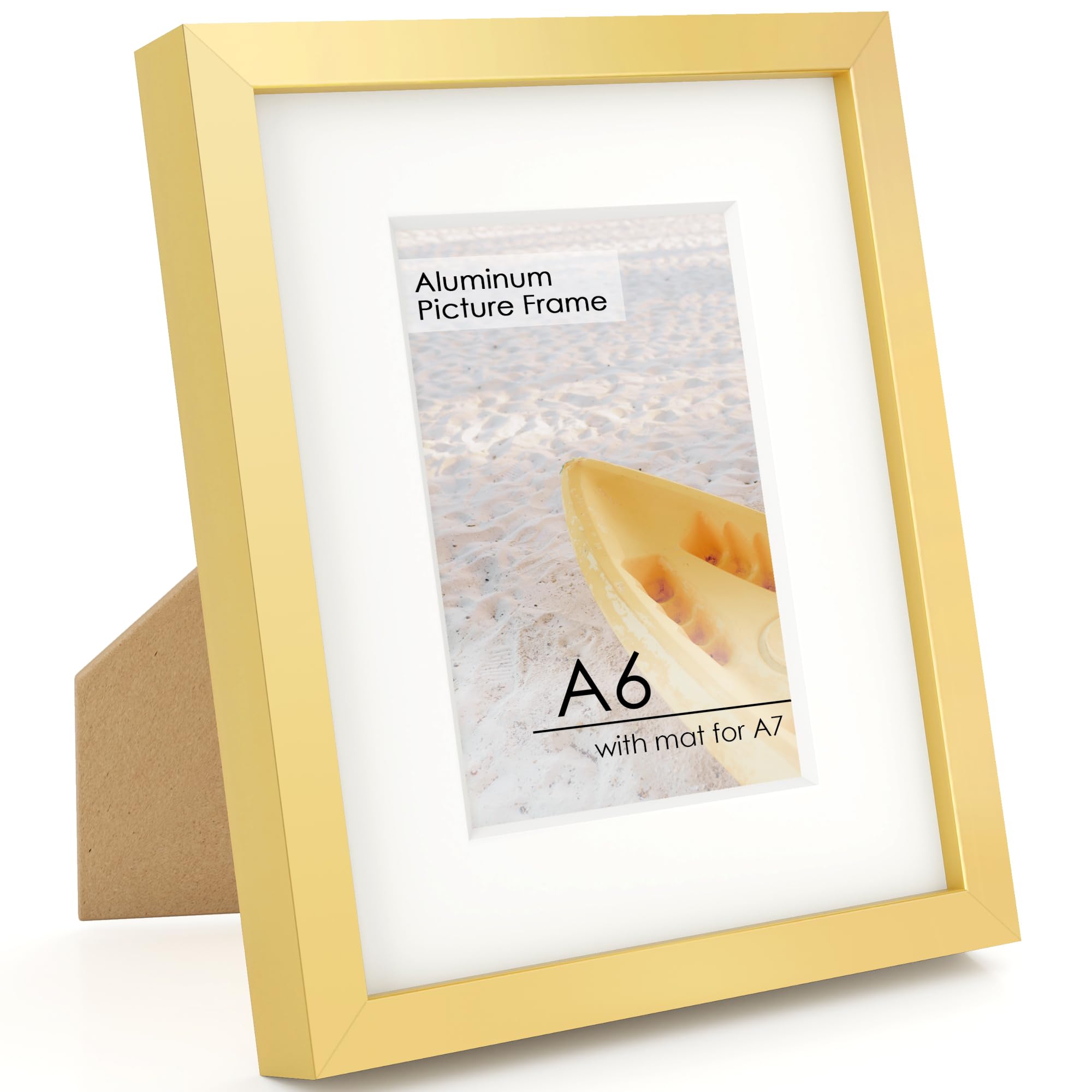 FLYJOE A6 Picture Frame Gold - High-End Metal Frame for Wall, Photo Frame with Mat A7, Aluminum Frame with HD Plexiglass, Diploma, Certificates, Decor, Wall Kit, Gold