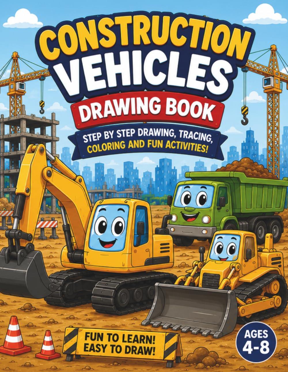Construction Vehicles Drawing Book for Kids: Step-by-Step Drawing, Tracing, Coloring, and Fun Activities for Kids Ages 4-8